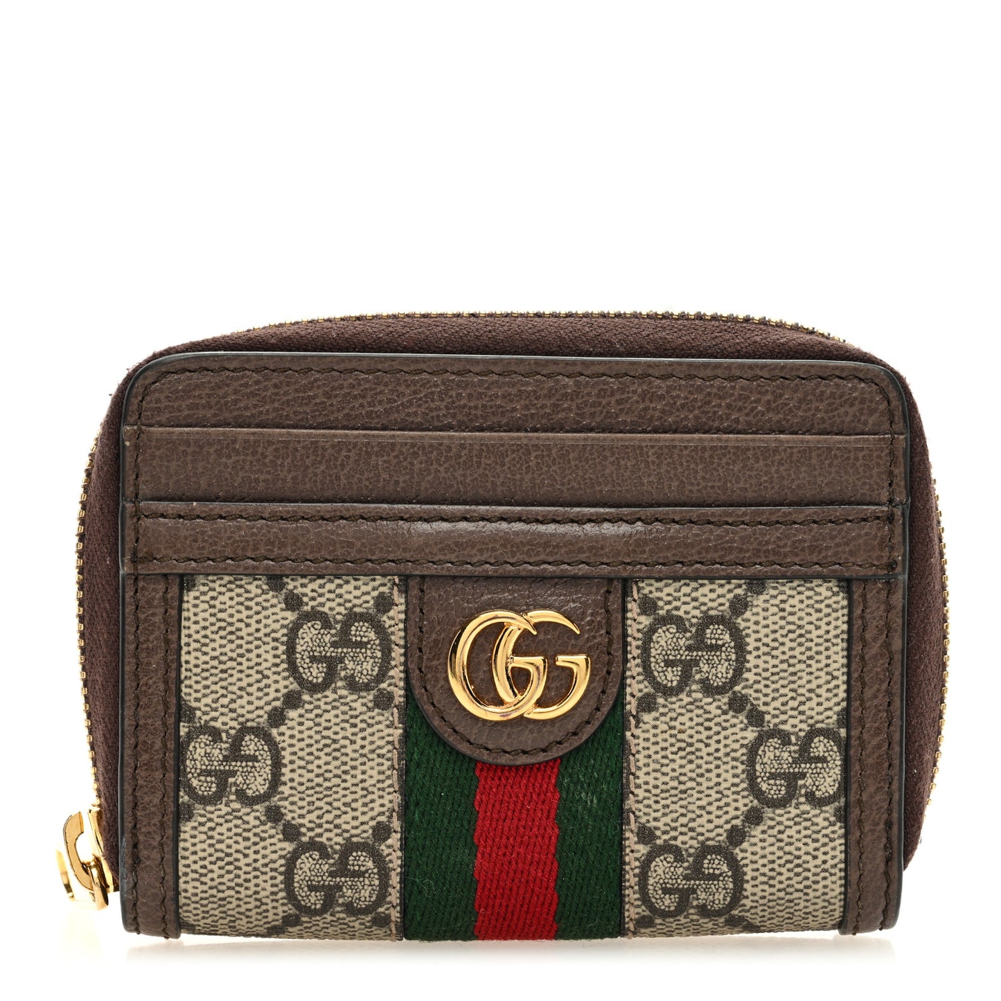 GG Supreme Monogram Textured Dollar Calfskin Web Ophidia Zip Around Card Case Wallet Beige Ebony New Acero