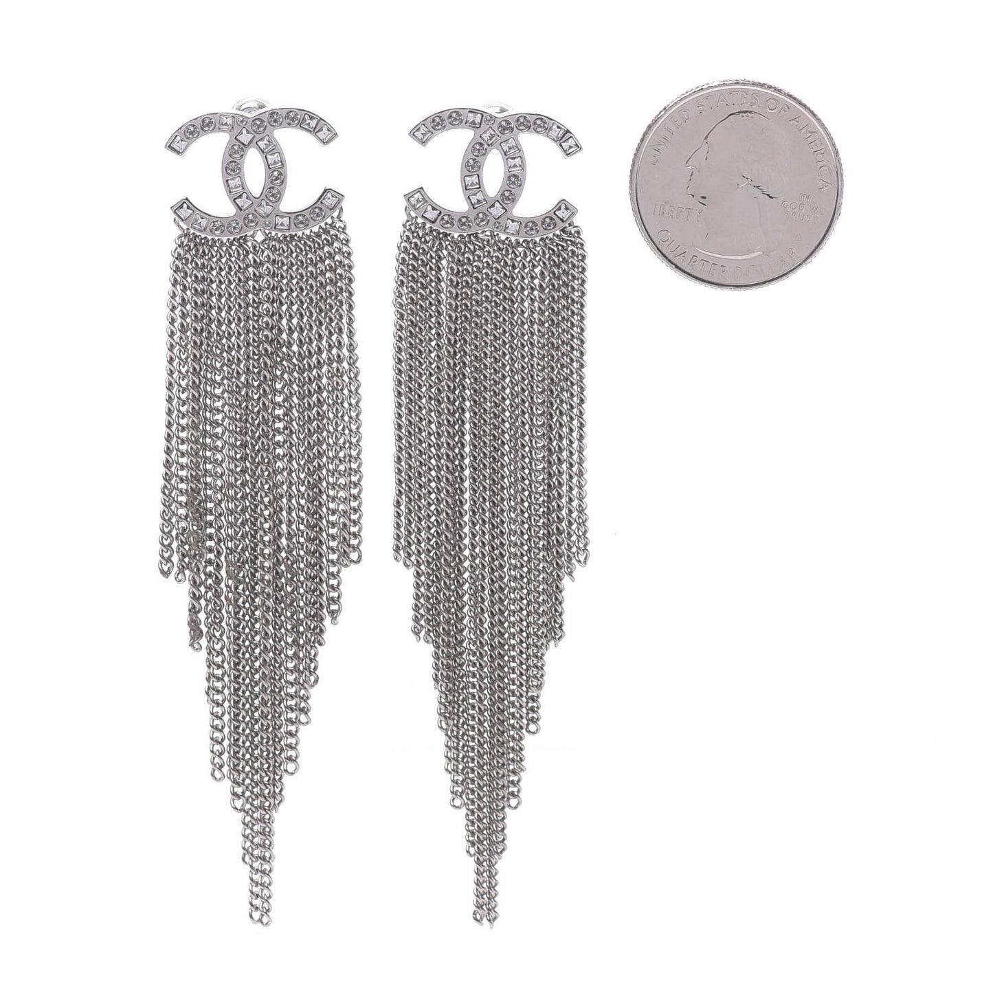Baguette Crystal CC Chain Drop Earrings Silver
