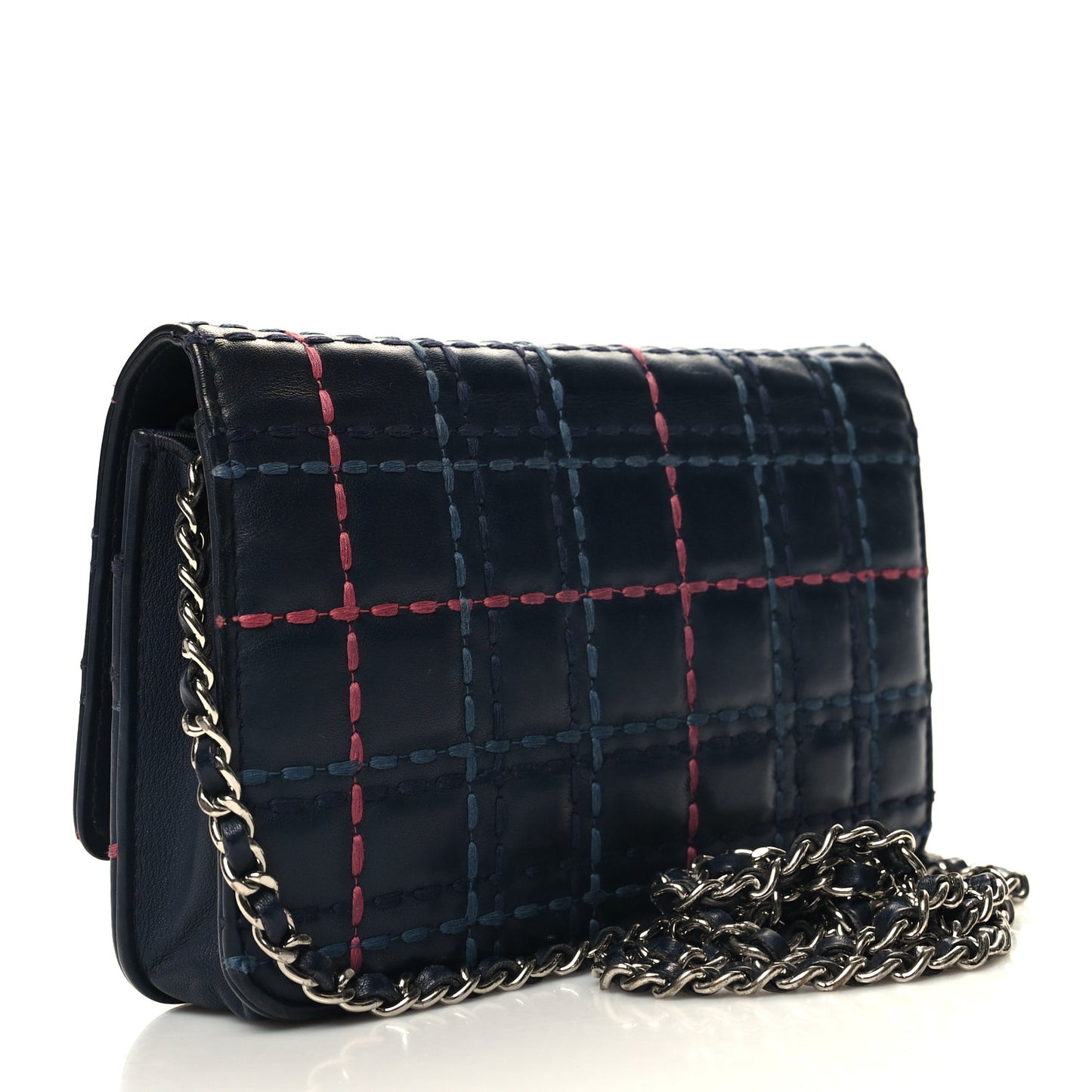 Calfskin Square Stitched Wallet On Chain WOC Blue