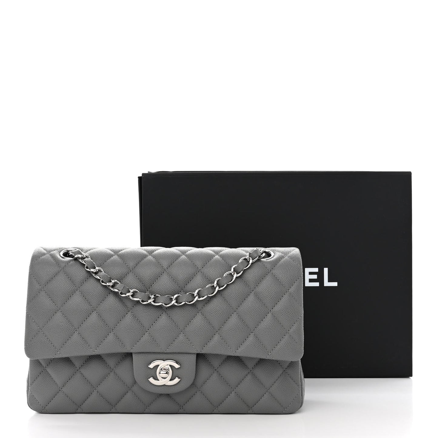 Caviar Quilted Medium Double Flap Grey