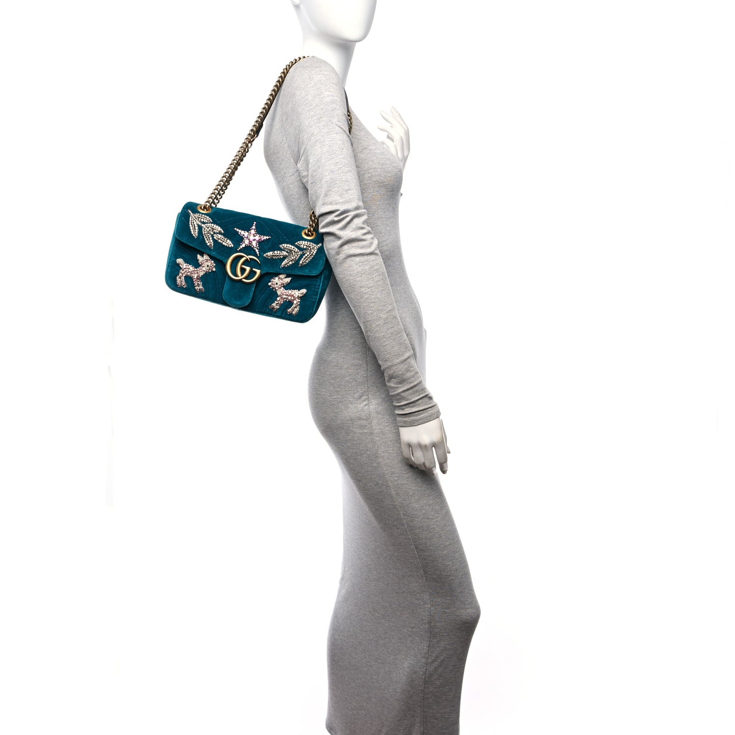 Velvet Matelasse Embroidered Small GG Marmont Shoulder Bag Pavone Cyan