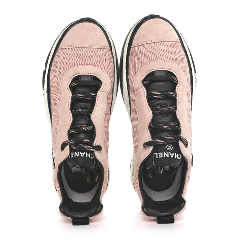 Mesh Suede Calfskin Quilted Sneakers 38 Pink Beige