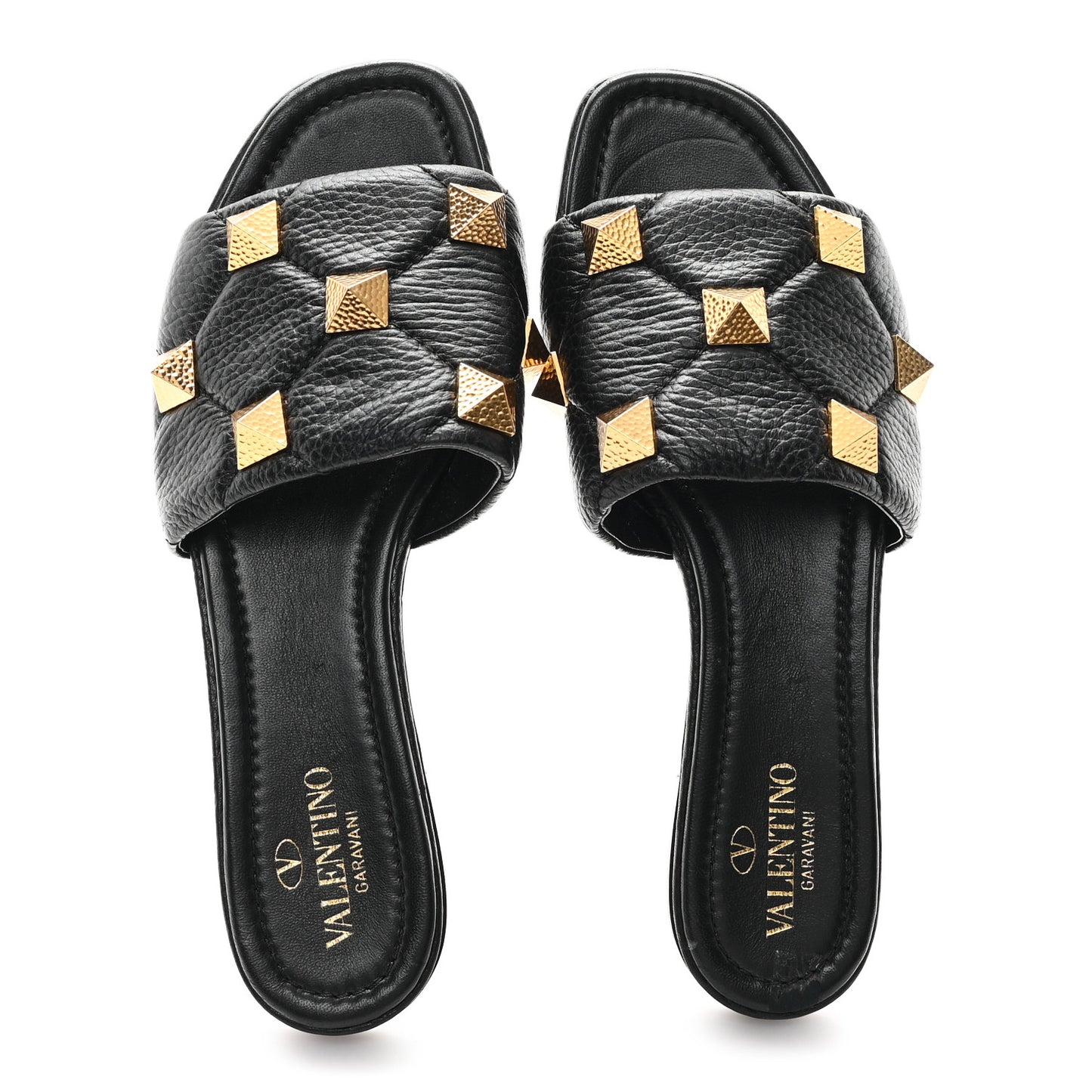 Pebbled Calfskin Roman Stud Flat Slide Sandals 37.5 Black