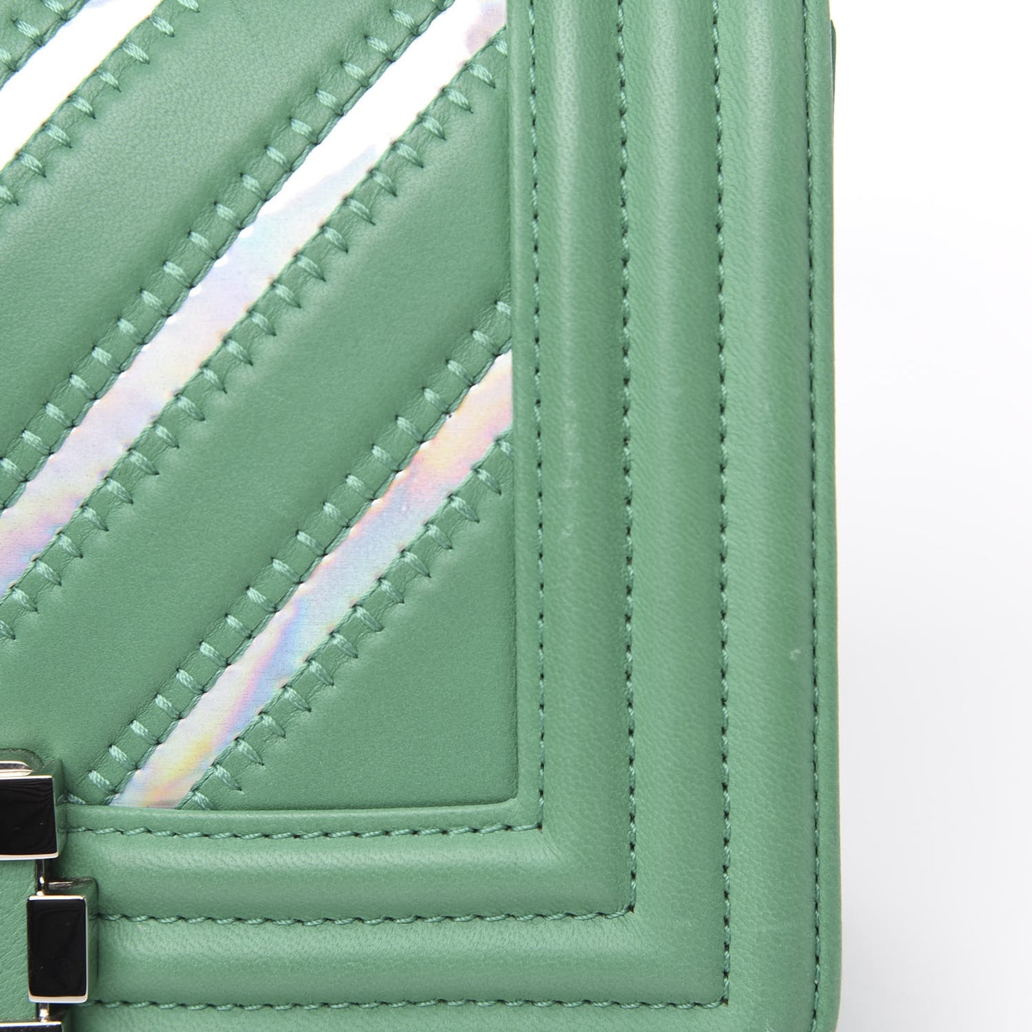 Lambskin Iridescent PVC Chevron Quilted Small Boy Flap Green Silver