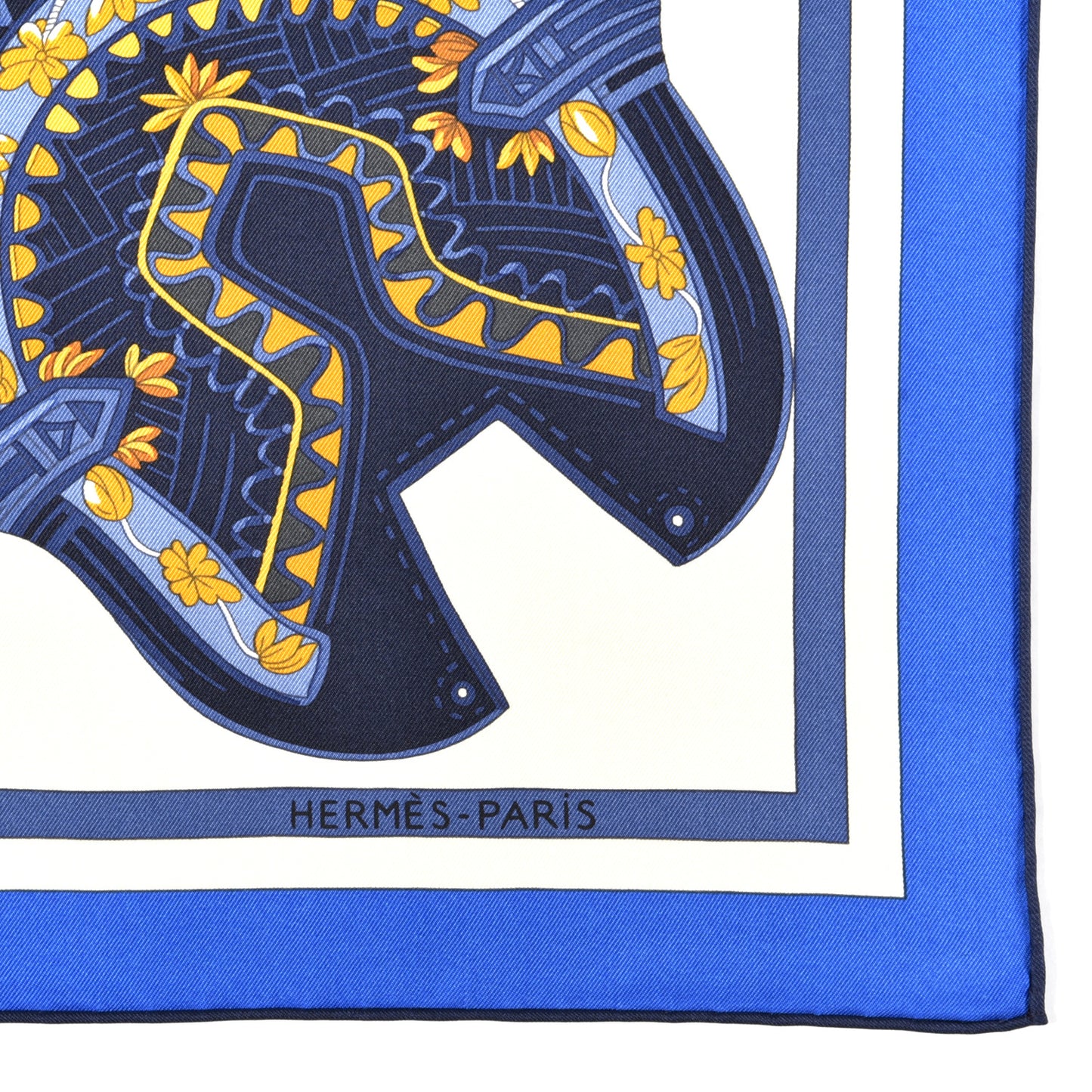 Silk Tapis De Selle Scarf 90 Vanille Bleu Royal Gold