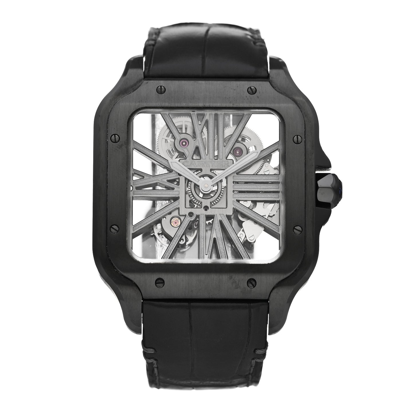 ADLC Stainless Steel Alligator 39.8mm Santos De Cartier Skeleton Manual Winding Watch Black
