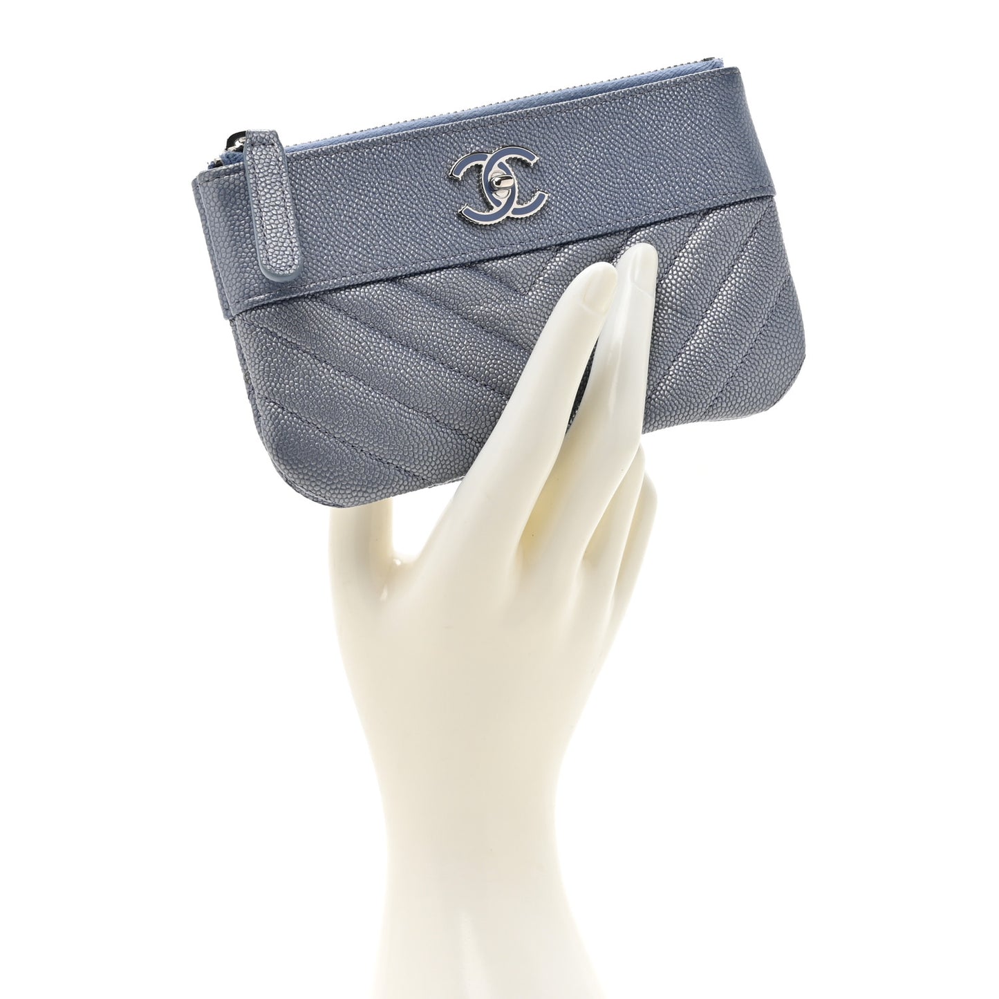 Metallic Caviar Chevron Quilted Small Vintage Mademoiselle Cosmetic Case Blue