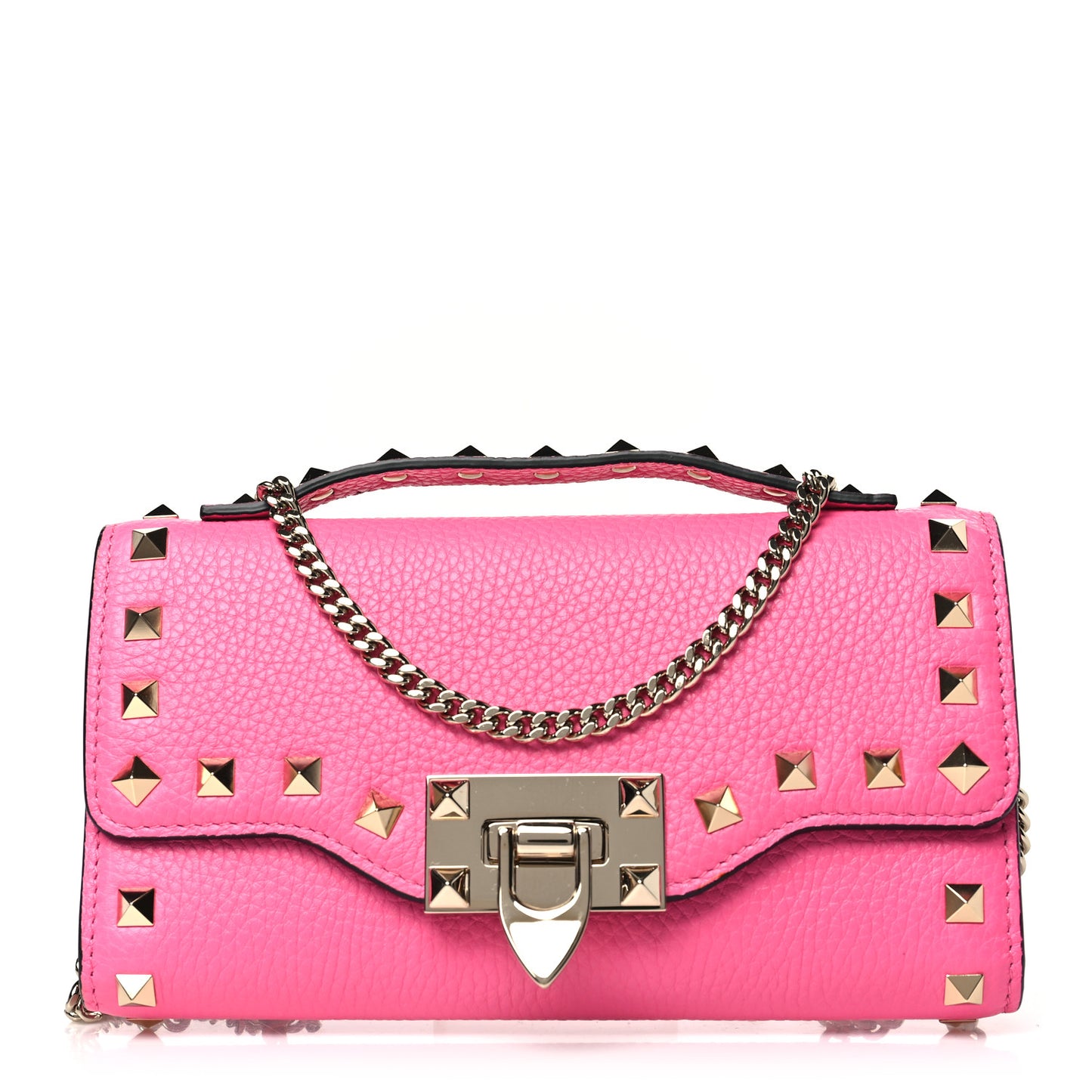 Pebbled Calfskin Rockstud Flip Lock Wallet On Chain Feminine Pink