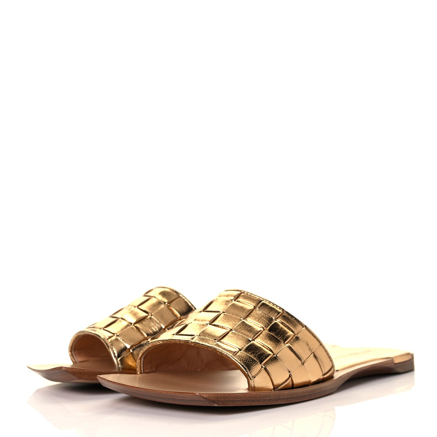 Bottega Veneta Laminated Nappa Intrecciato Squared Toe Flat Sandals 38.5 Gold 3 of 8