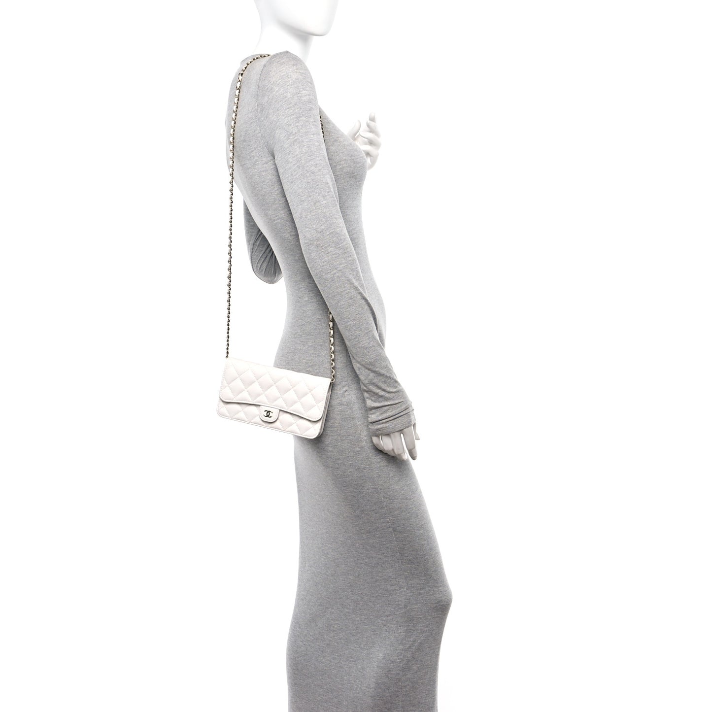 Caviar Quilted Flap Phone Holder With Chain White
