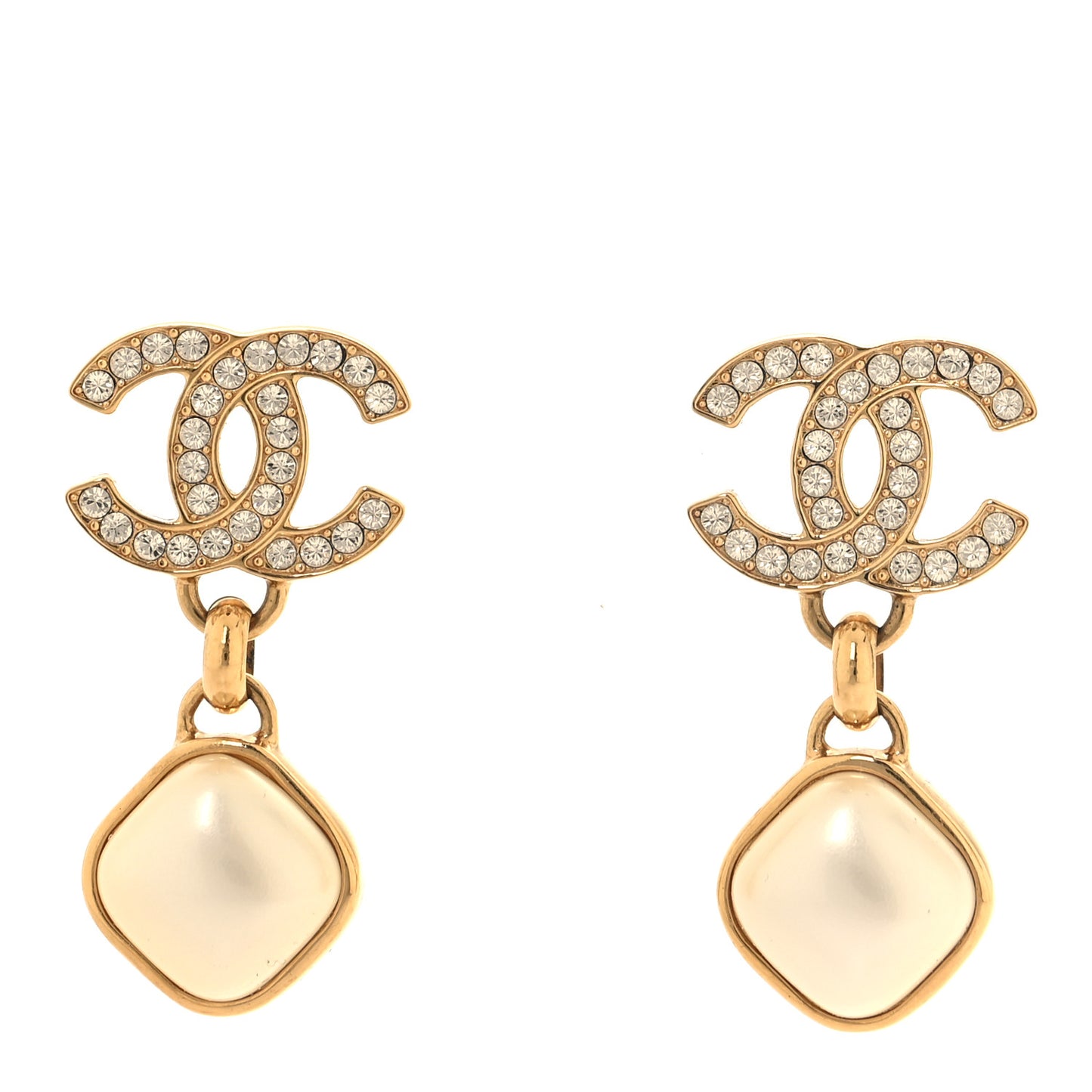 Metal Crystal Pearl CC Drop Earrings Gold