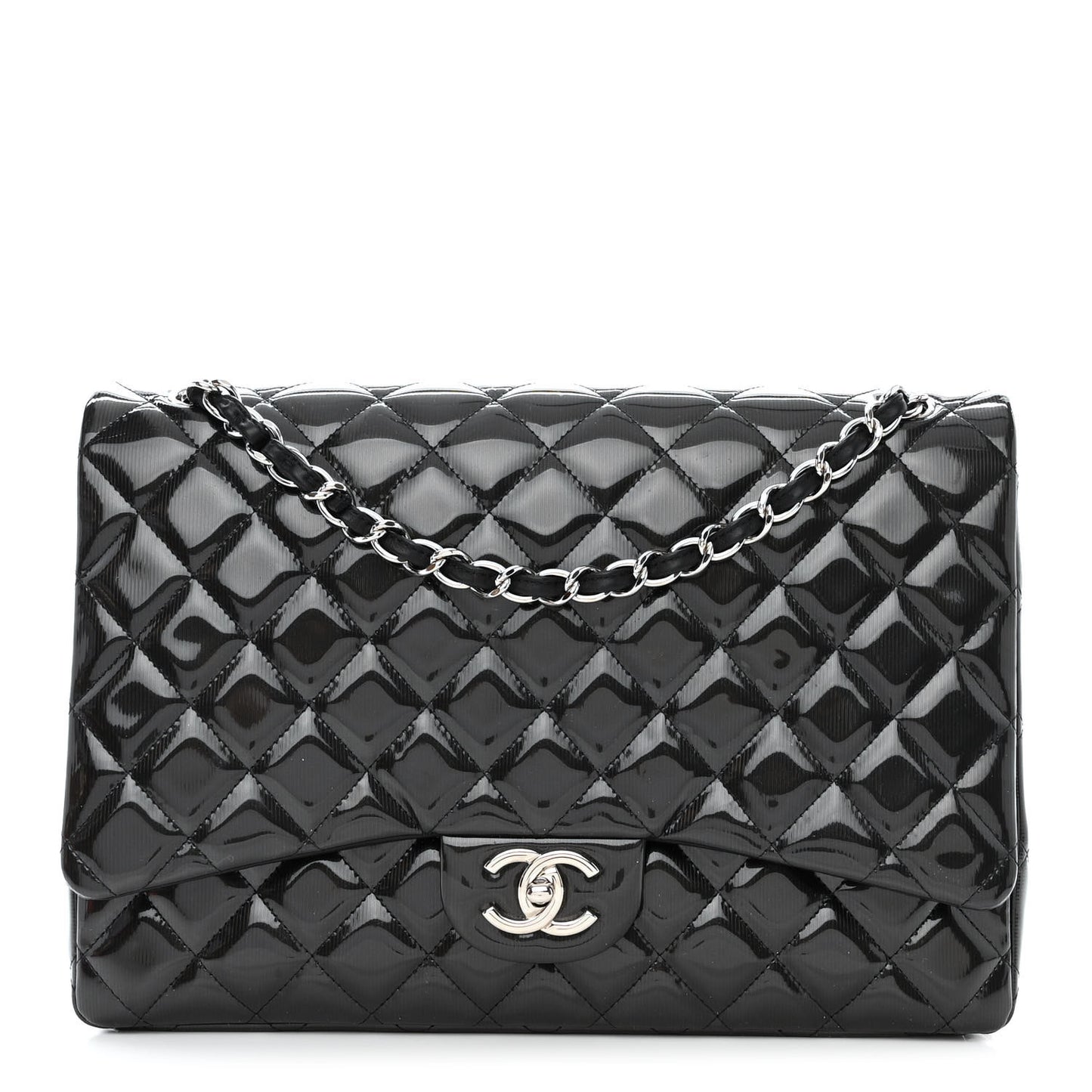 Striated Patent Quilted Maxi Double Flap Black