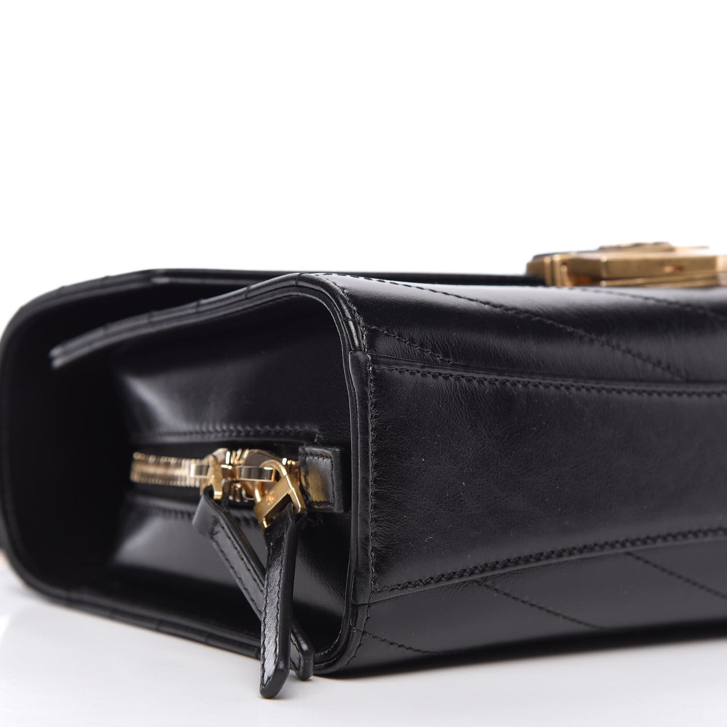 Calfskin Chevron Quilted Medal Flap Black