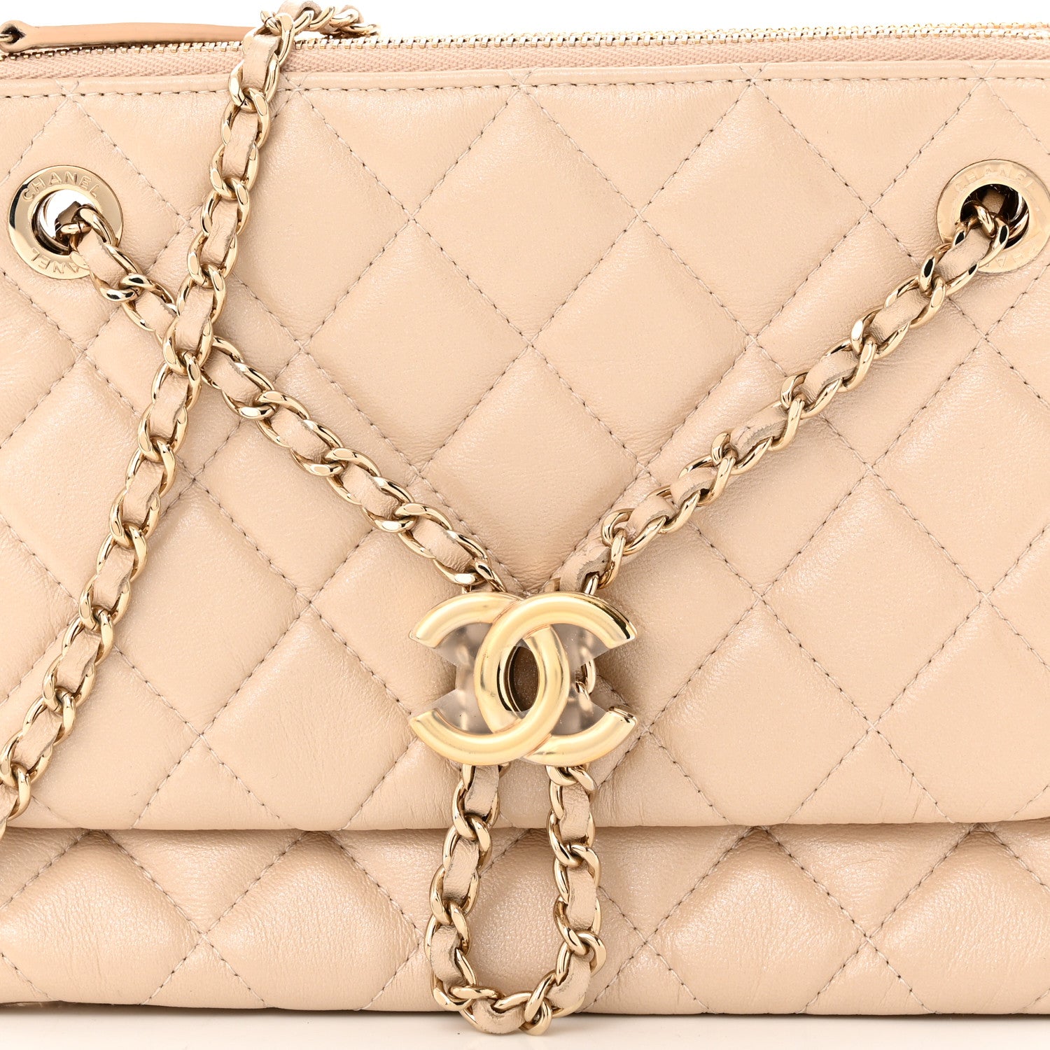 Chanel Shiny Lambskin Quilted Small Double Case With Strap Beige 9 of 11