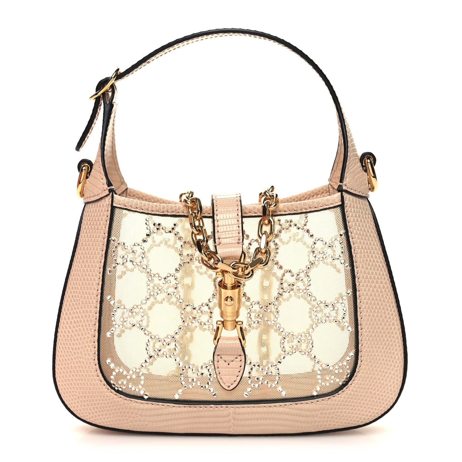 Gucci Lizard Mesh Crystal GG Monogram Mini Jackie 1961 Hobo Light