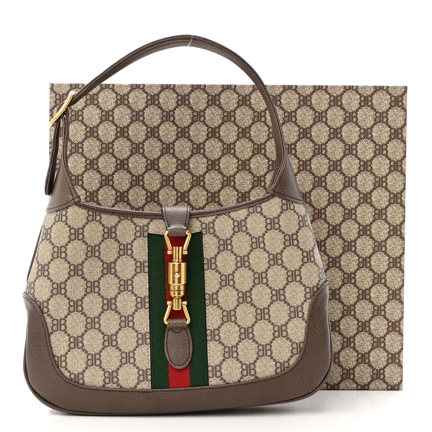 X BALENCIAGA BB Supreme Monogram Calfskin Web Small Jackie 1961 Hobo Beige Ebony