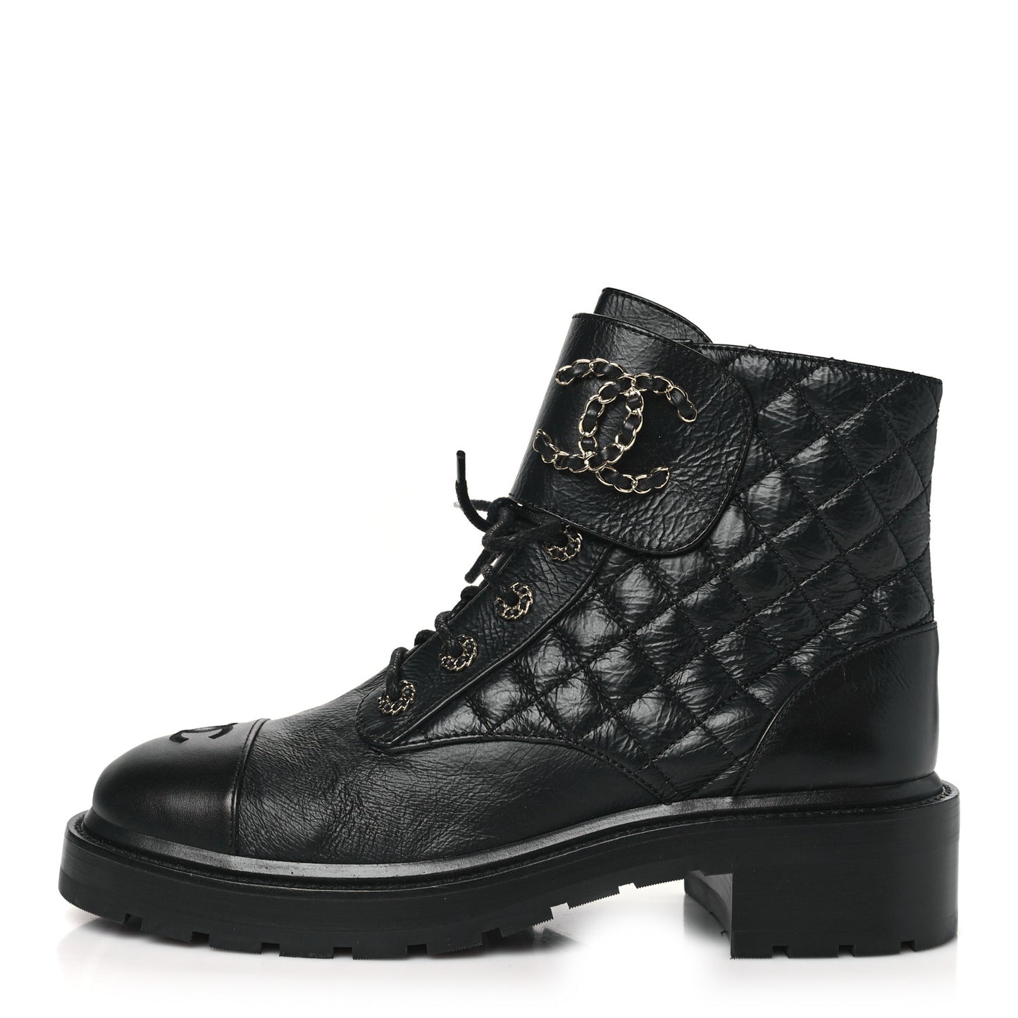 Shiny Goatskin Calfskin Quilted Lace Up Combat Boots 41 Black