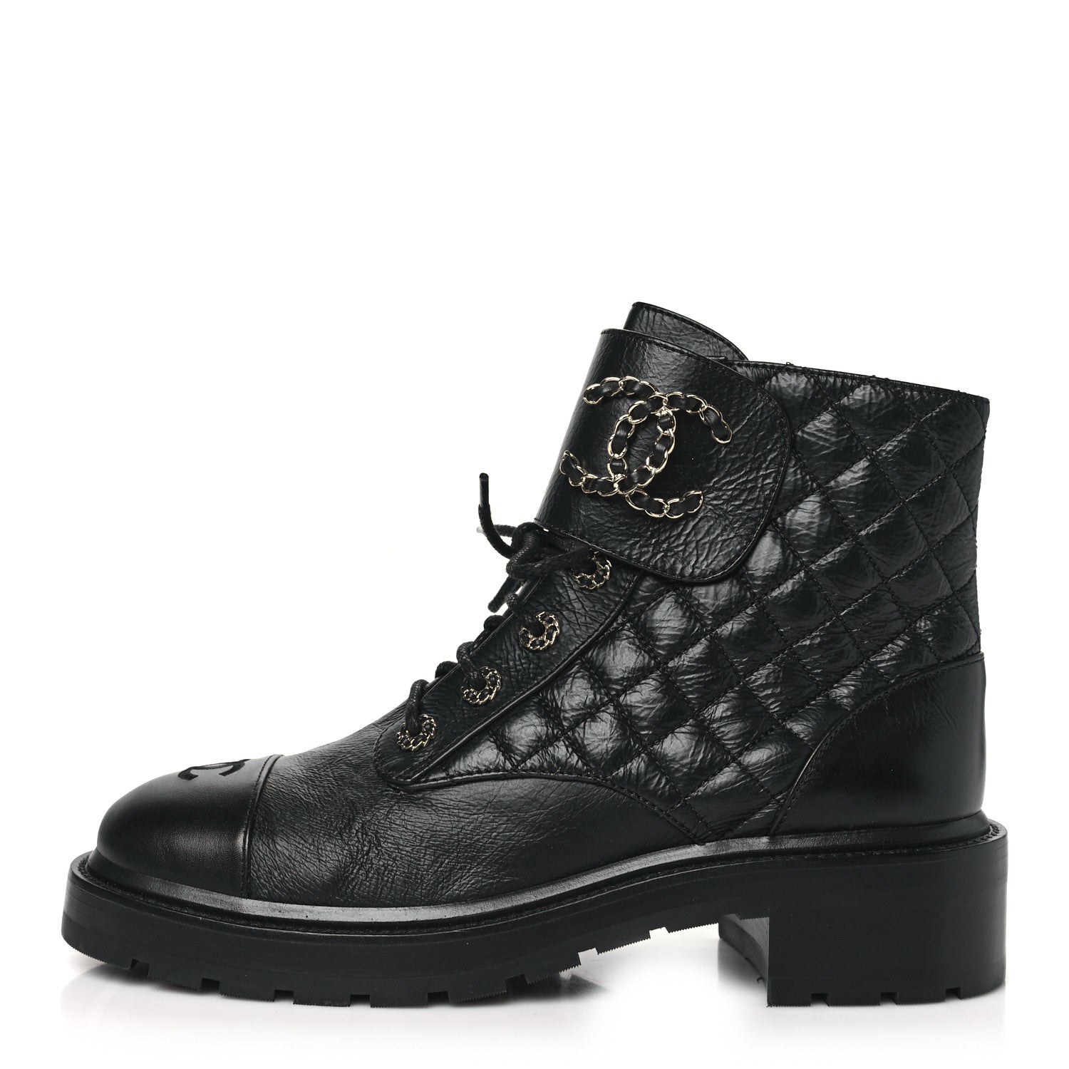 Chanel Shiny Goatskin Calfskin Quilted Lace Up Combat Boots 41 Black 1 of 8