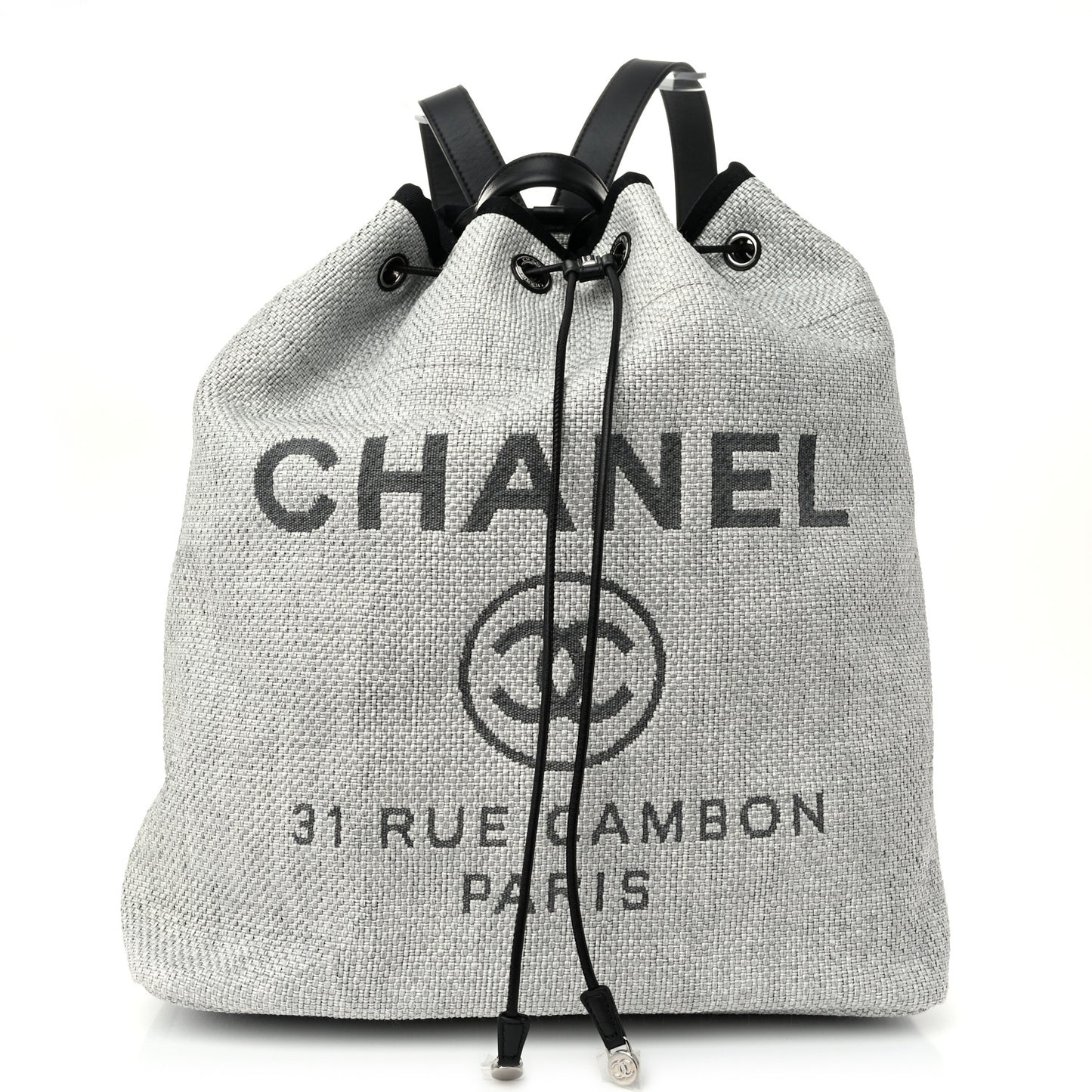 Woven Straw Raffia Large Deauville Backpack Grey Black