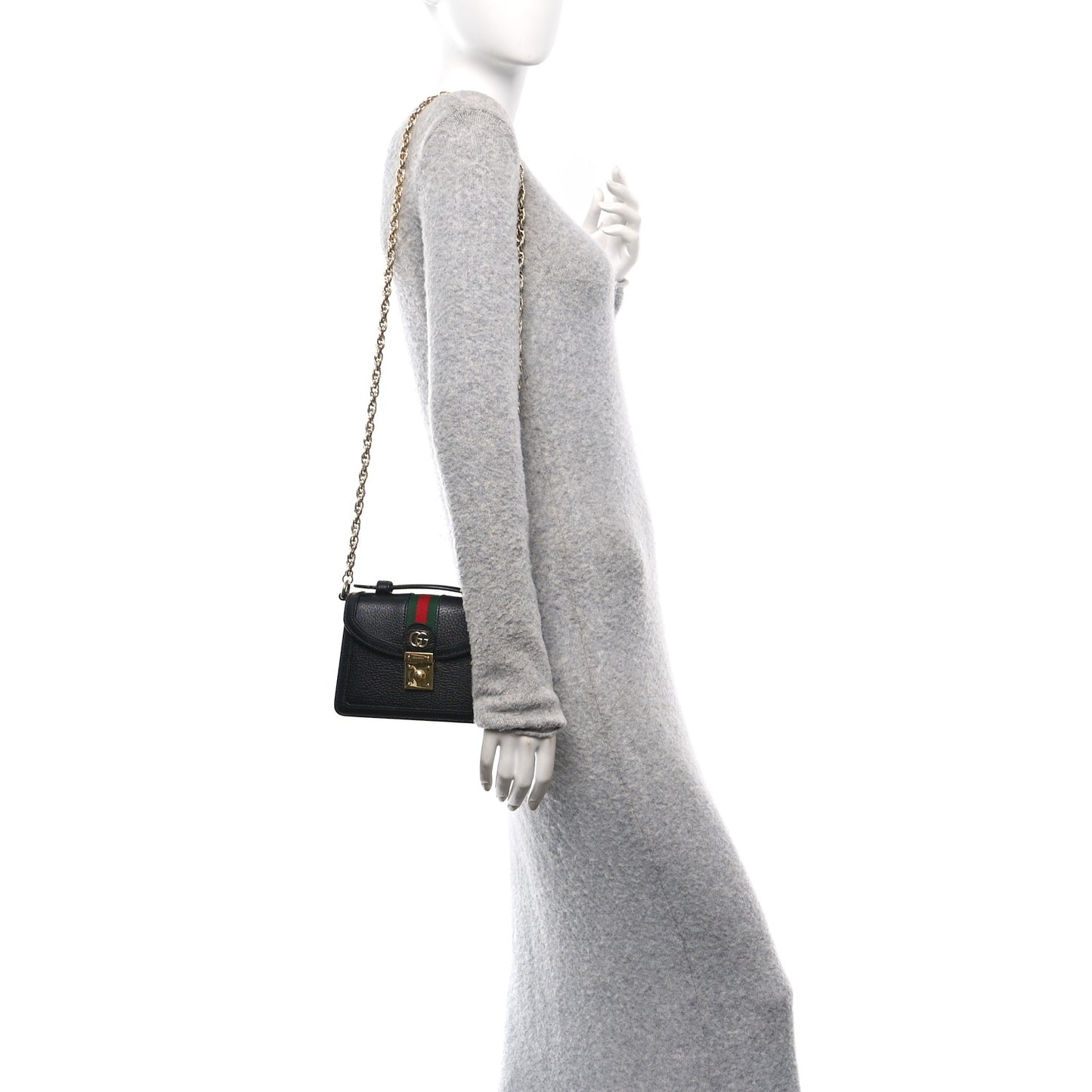 Textured Dollar Calfskin Web Mini Ophidia Padlock Top Handle Chain Shoulder Bag Black