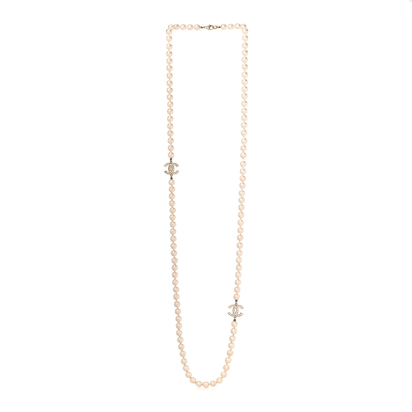 Crystal Pearl CC Long Necklace Gold