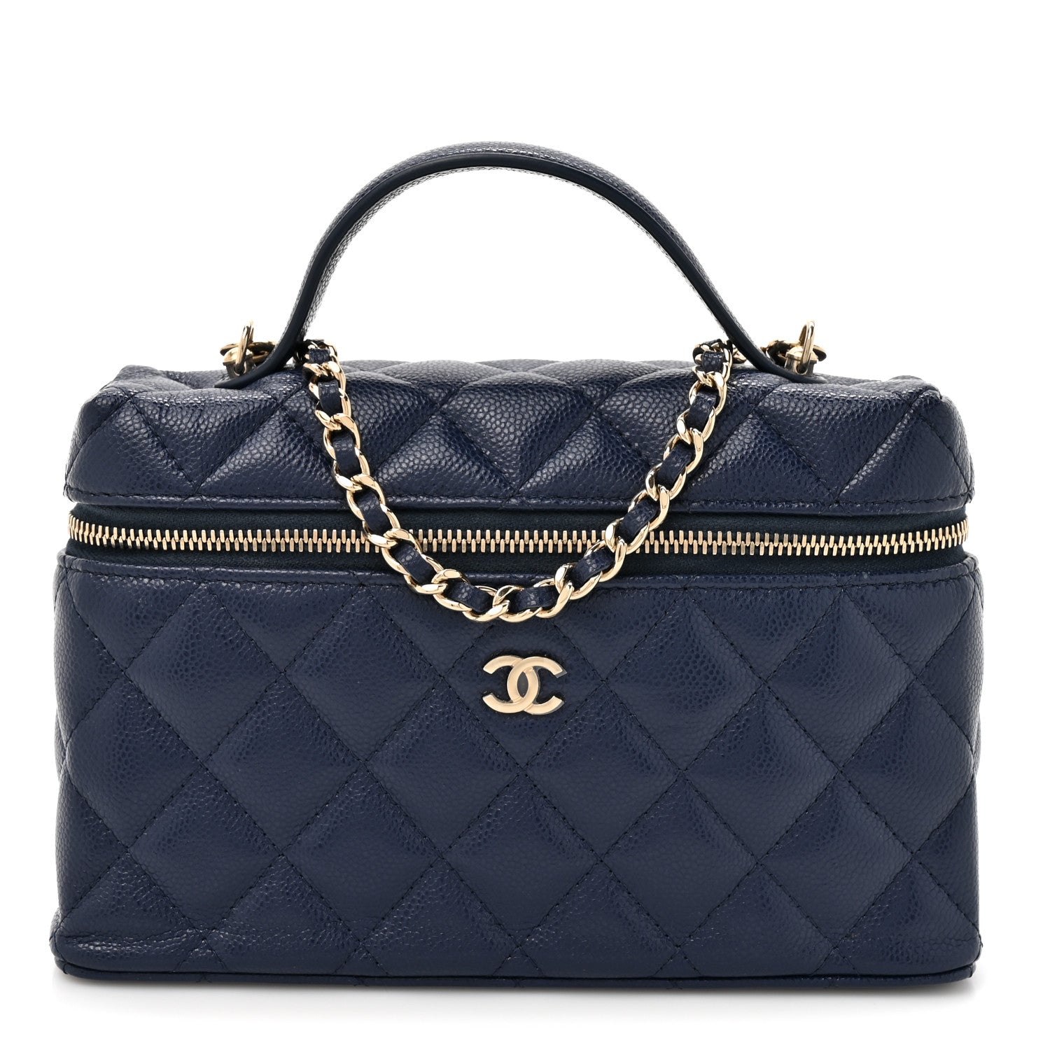 Chanel Caviar Quilted Top Handle Slim Vanity With Chain Navy