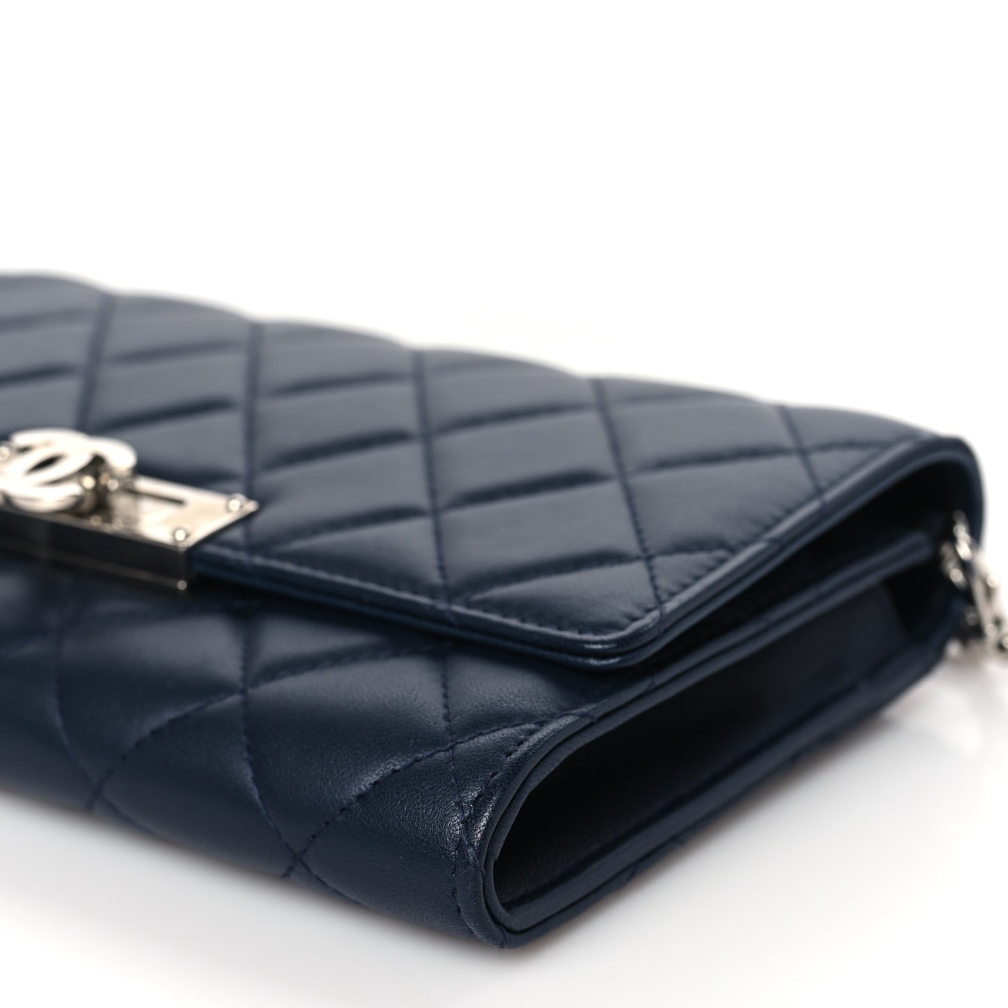 Lambskin Quilted Golden Class Clutch with Chain Navy Blue