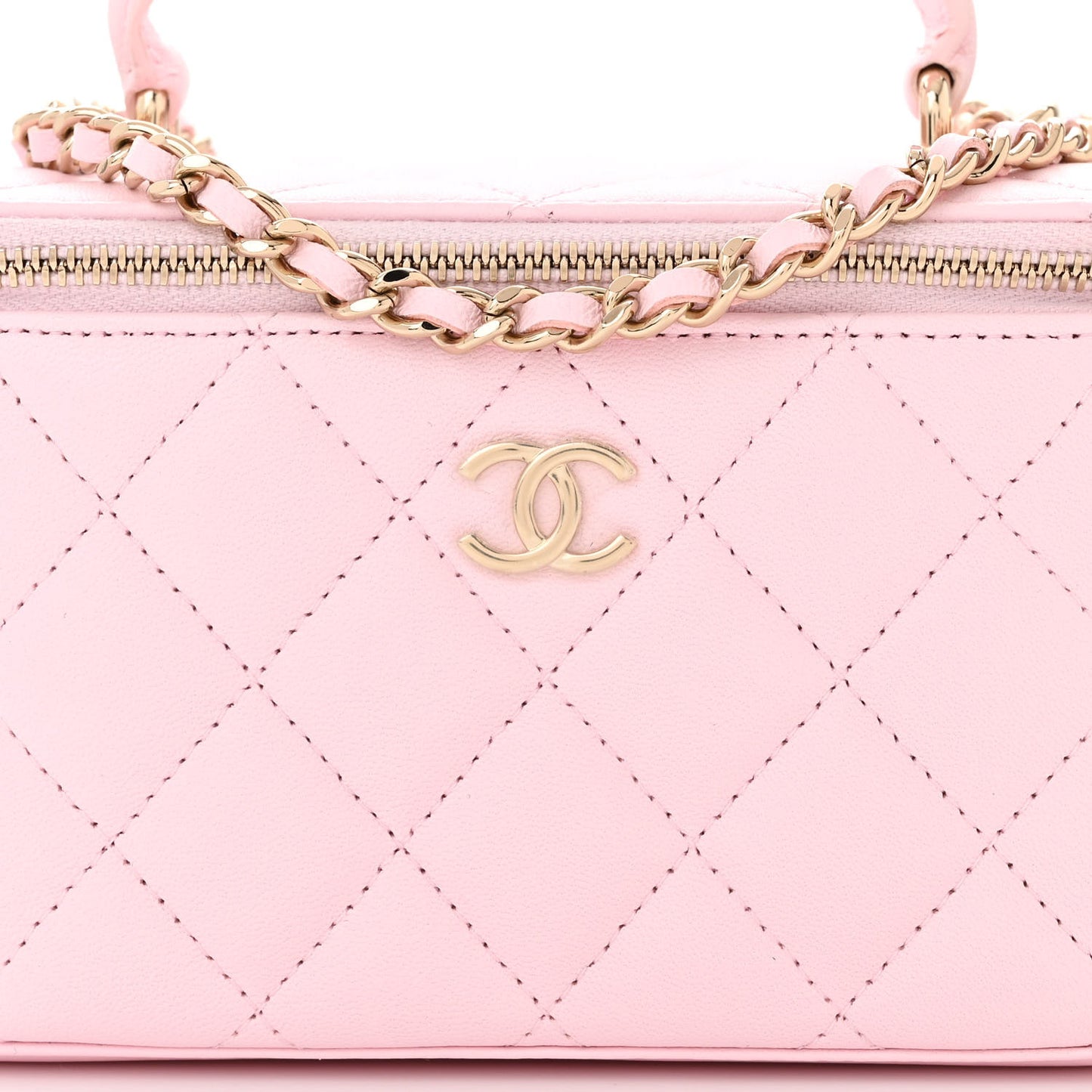 Lambskin Quilted Small Top Handle Vanity Case With Chain Light Pink Light Pink