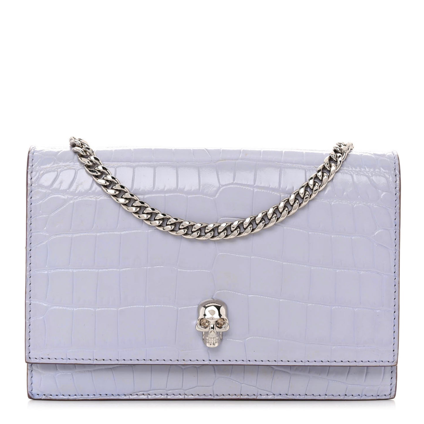 Calfskin Crocodile Embossed Skull Mini Crossbody Bag Lavender