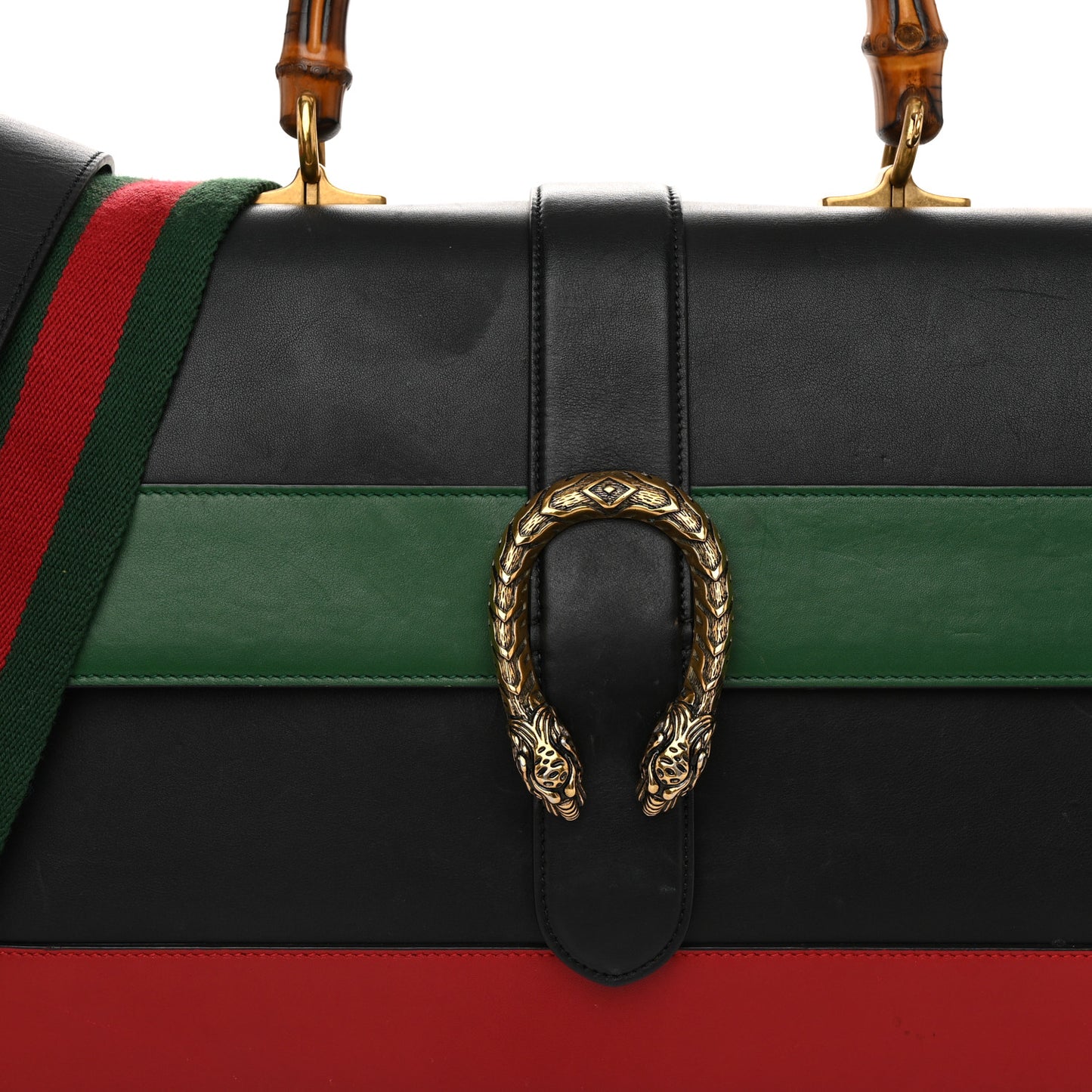 Calfskin Bamboo Web Large Dionysus Top Handle Bag Black Bright Evergreen Hibiscus Red