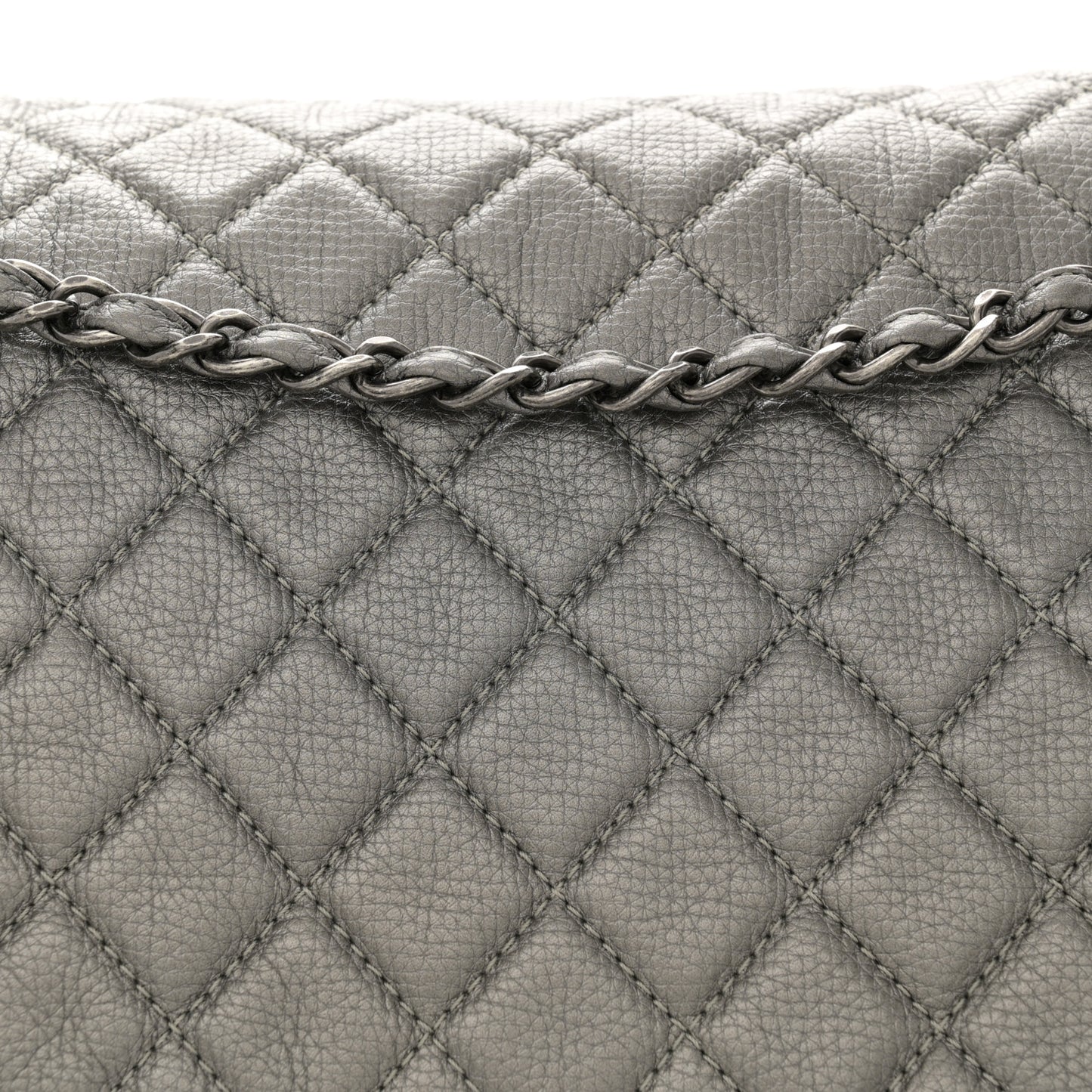 Metallic Metallized Calfskin Quilted XXL Travel Flap Bag Dark Silver