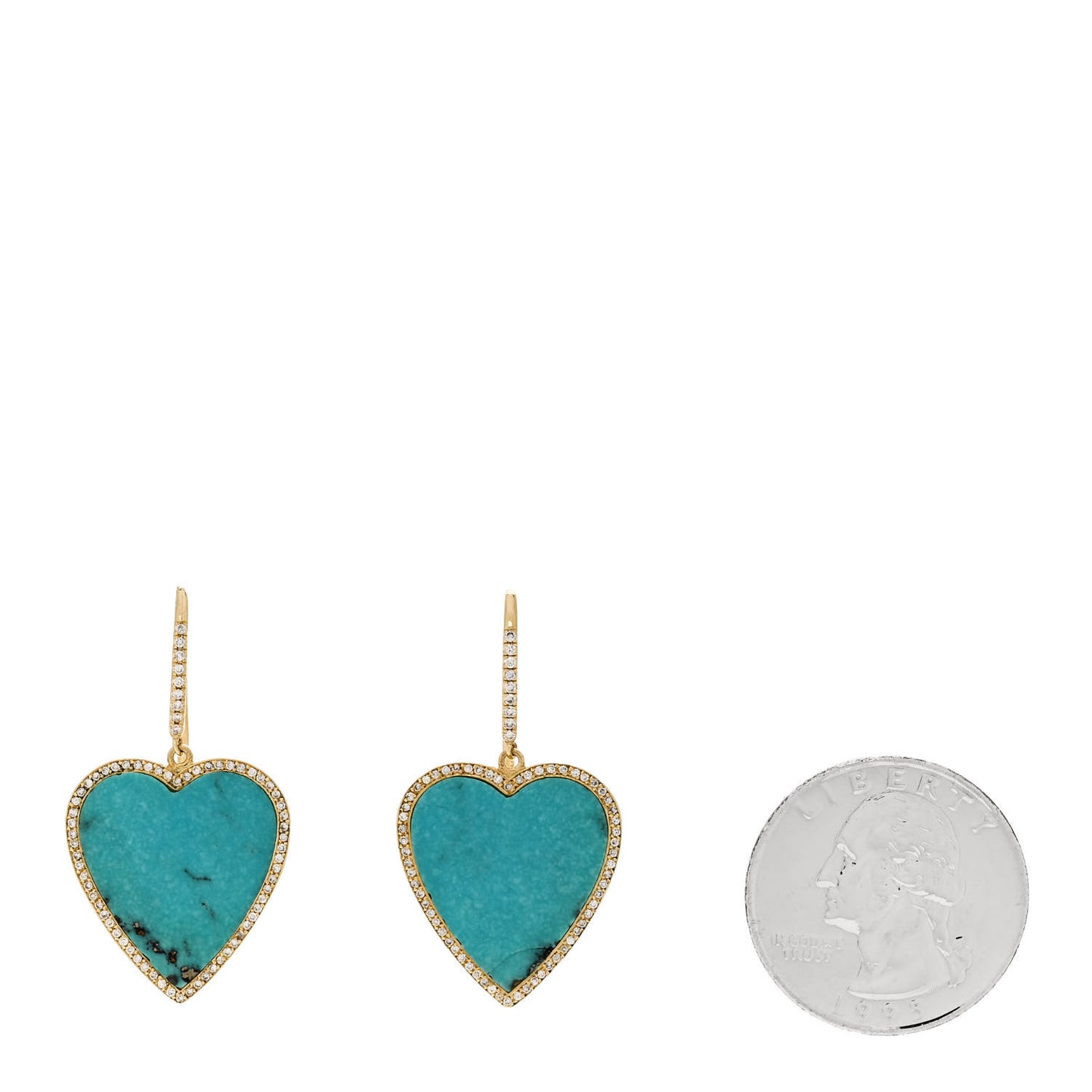 18K Yellow Gold Diamond Turquoise Inlay Heart Earrings