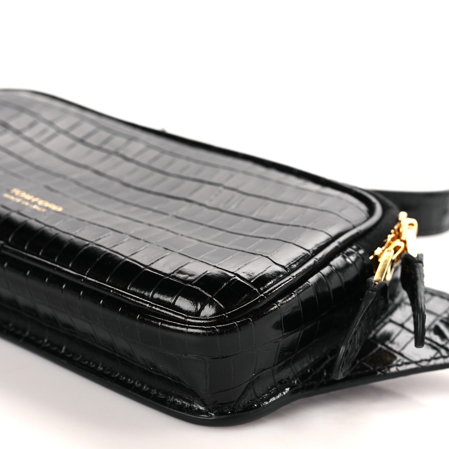 Calfskin Crocodile Embossed Small Zip Belt Bag Black