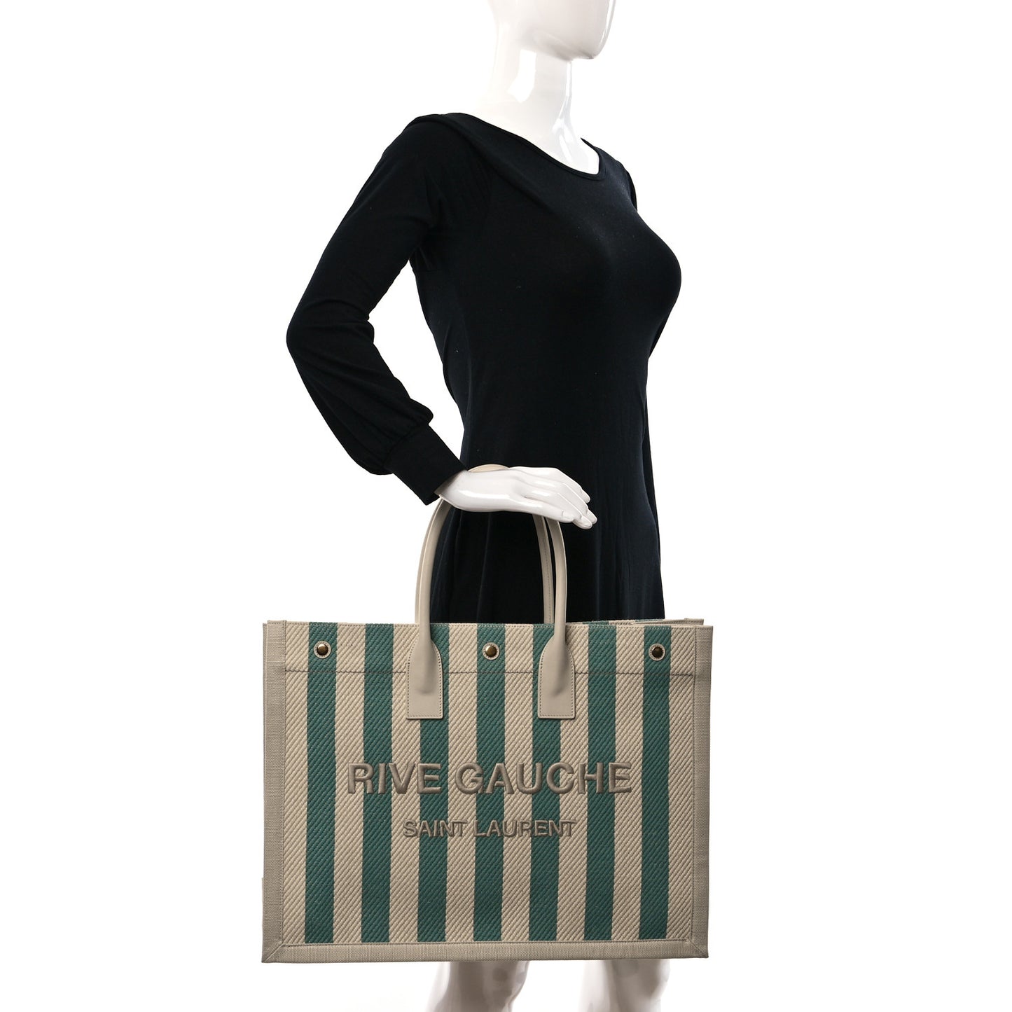 Cotton Linen Calfskin Striped Rive Gauche Tote Water Green
