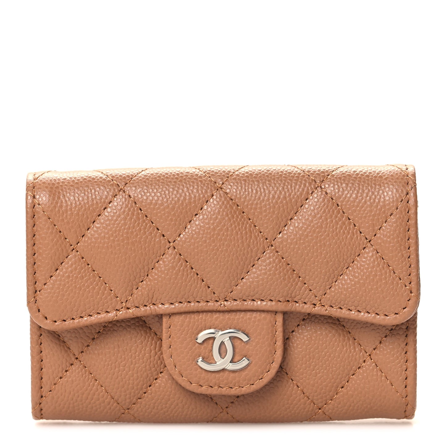 Caviar Quilted Flap Card Holder Wallet Light Brown