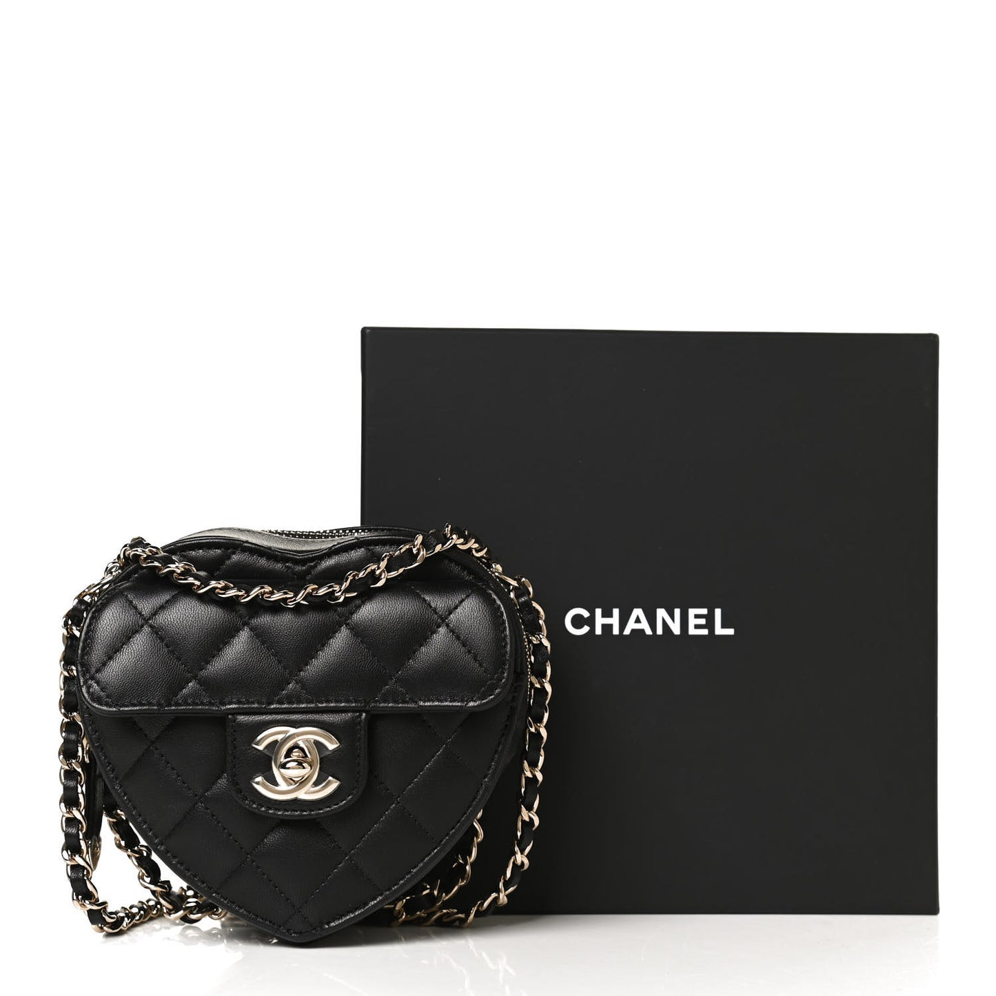 Lambskin Quilted CC In Love Heart Clutch With Chain Black