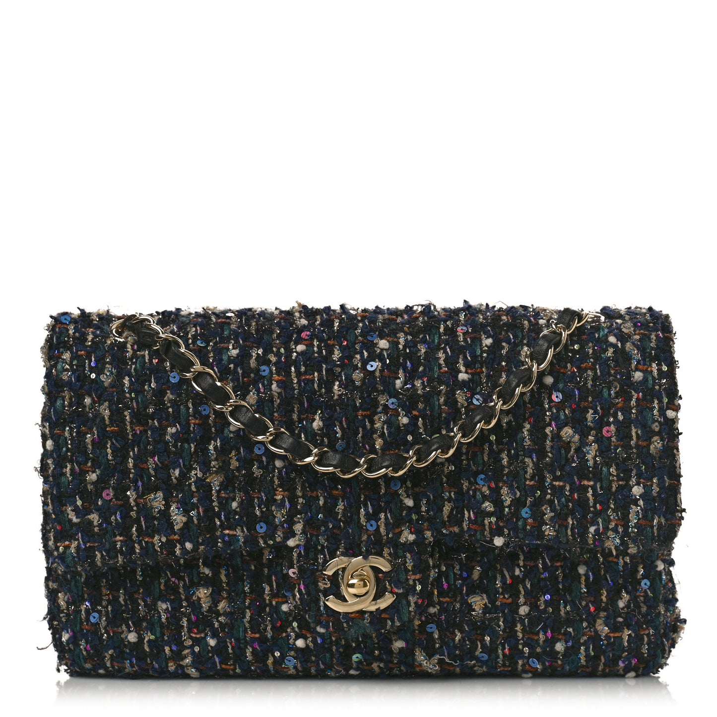 Glittered Tweed Quilted Medium Double Flap Navy Blue Multicolor