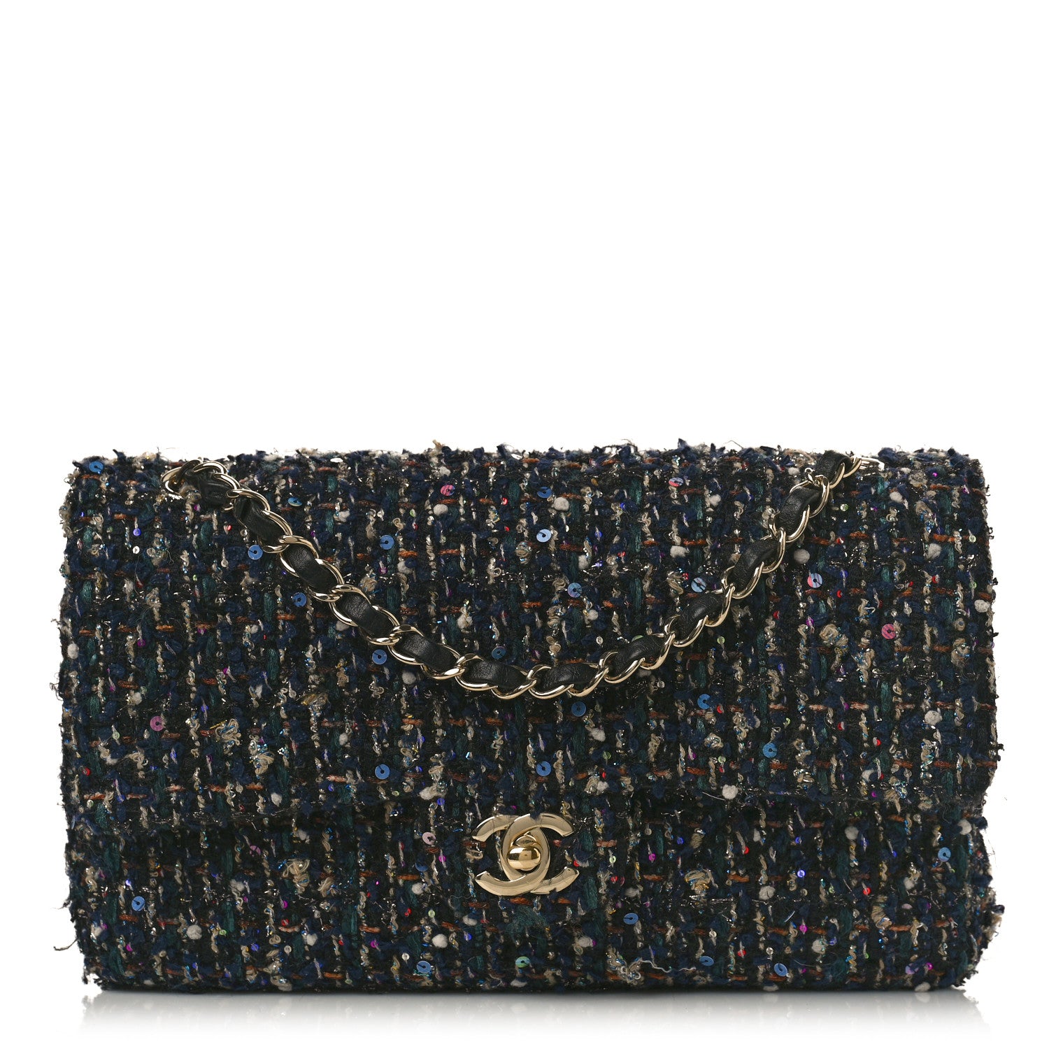Chanel Glittered Tweed Quilted Medium Double Flap Navy Blue Multicolor 1 of 14