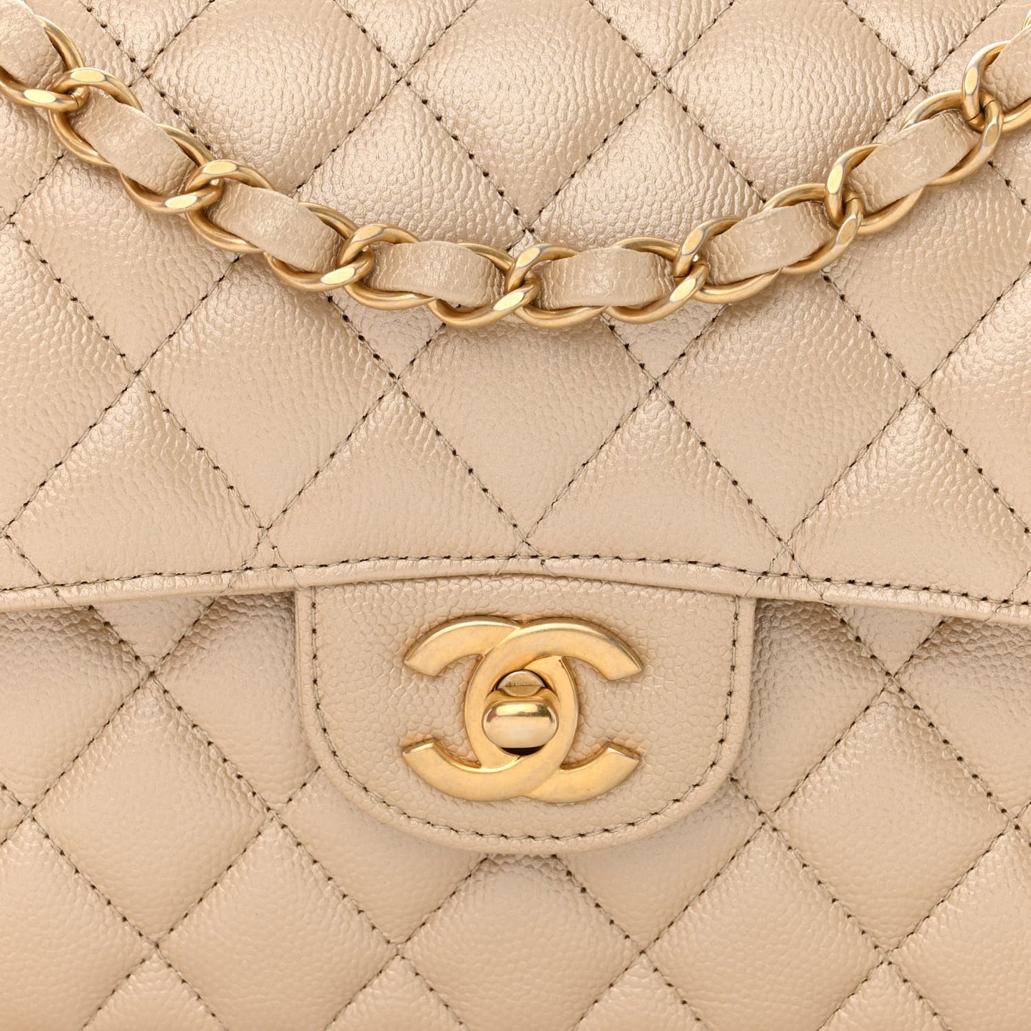 Iridescent Caviar Quilted Small Double Flap Beige