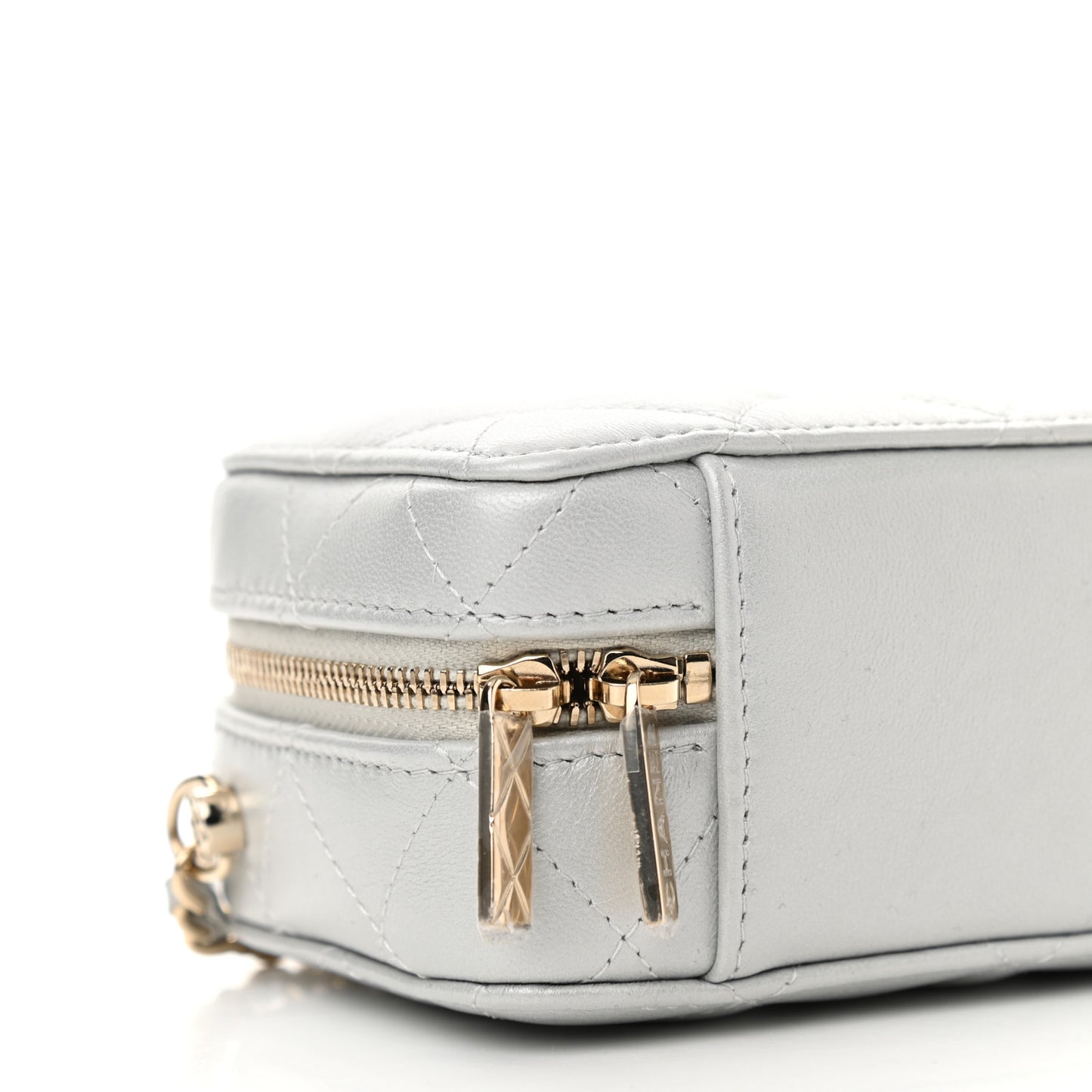 Metallic Lambskin Quilted Top Handle Vanity Case Silver