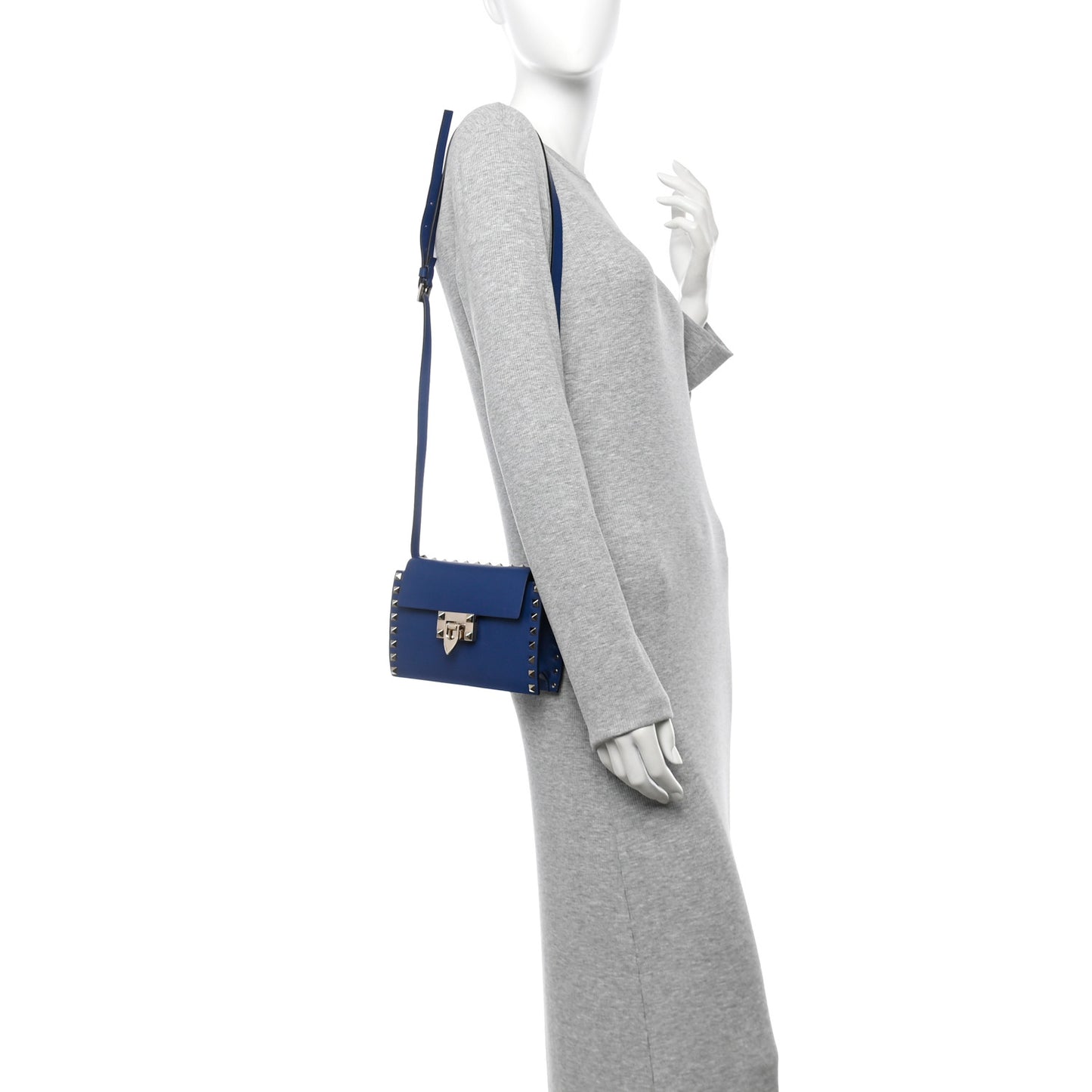 Calfskin Small Rockstud Overlay Flap Shoulder Bag Blue Delft