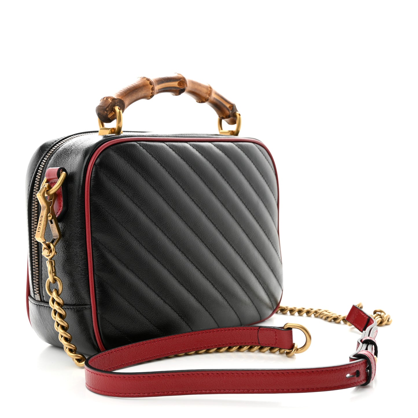 Vintage Effect Calfskin Matelasse Diagonal Small Torchon GG Marmont Bamboo Top Handle Shoulder Bag Black Romantic Cherry
