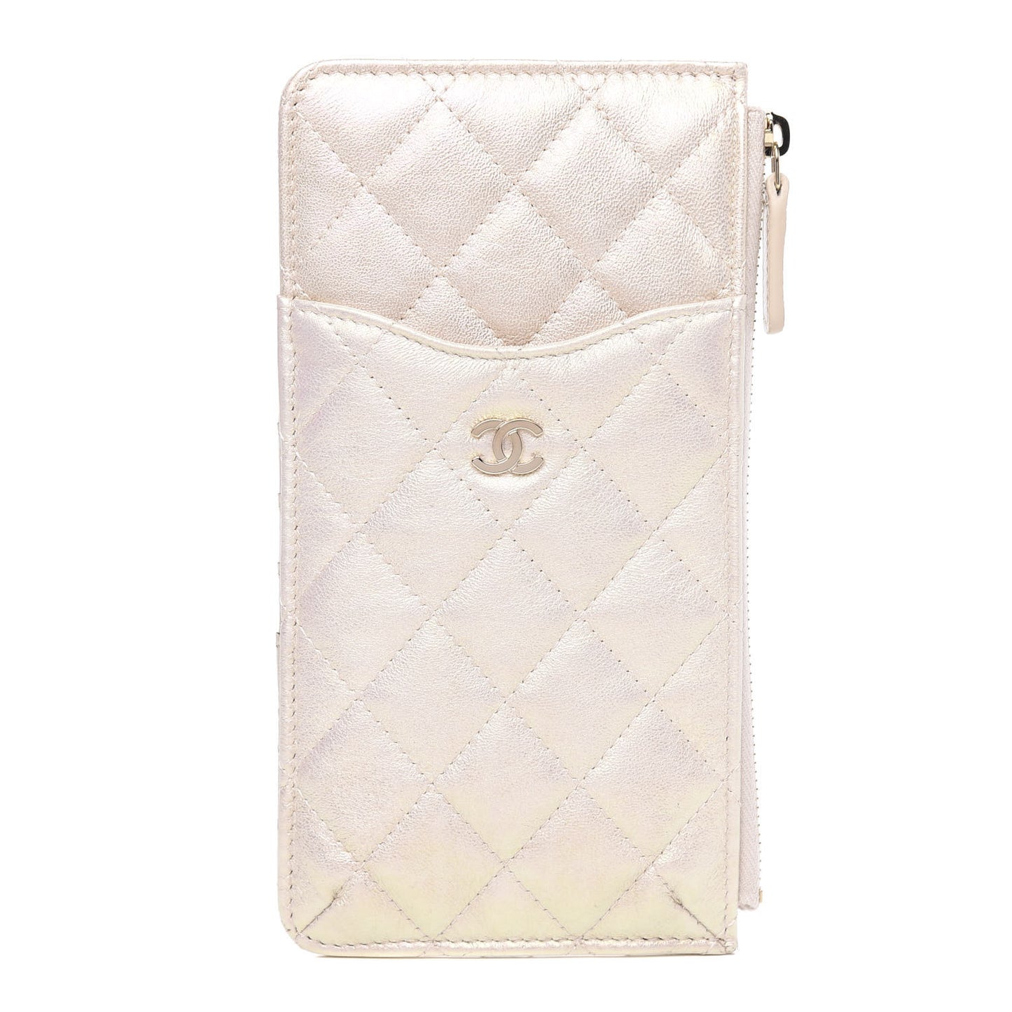 Iridescent Lambskin Quilted Classic Flat Wallet Pouch Ivory