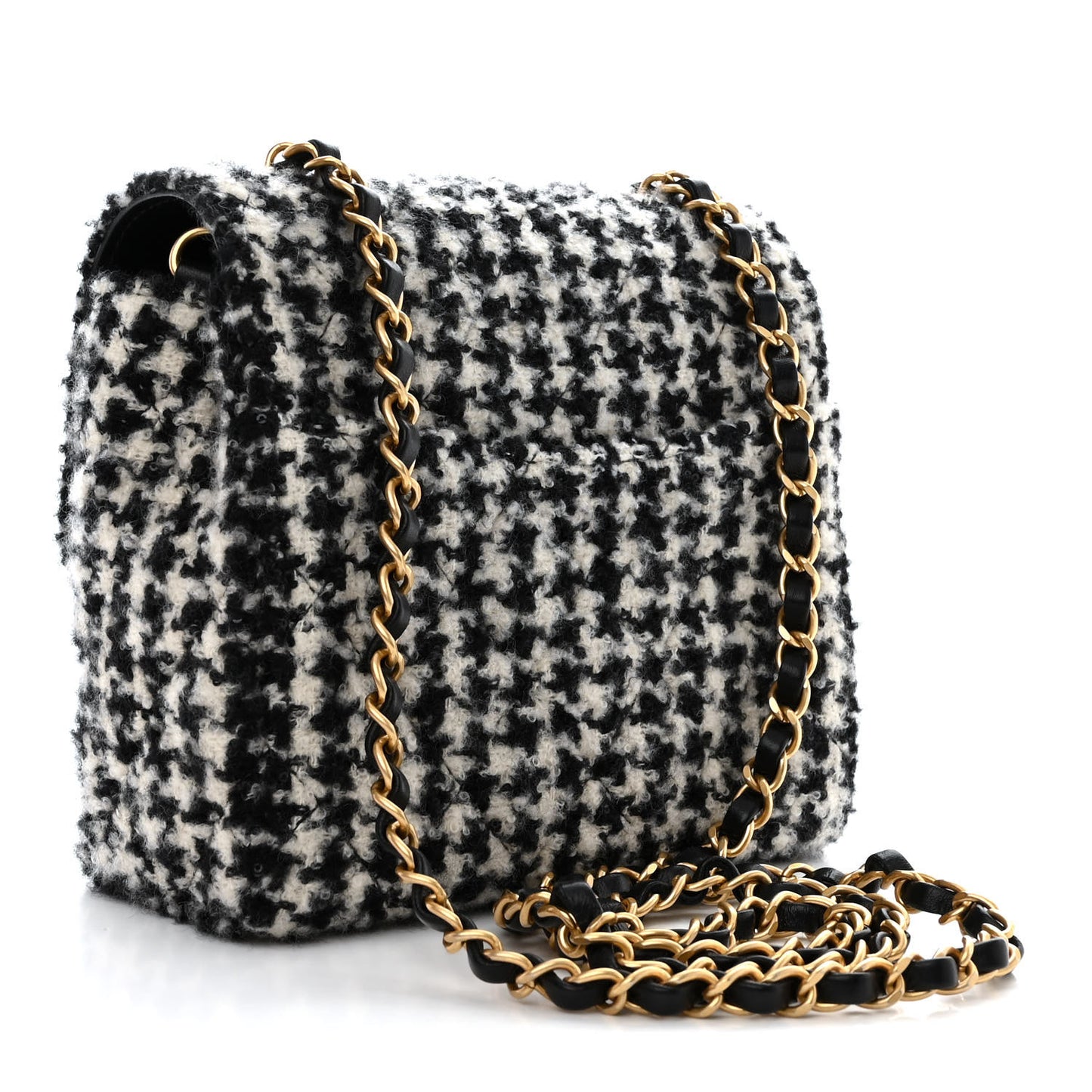 Tweed Houndstooth Quilted Mini Square Flap White Black