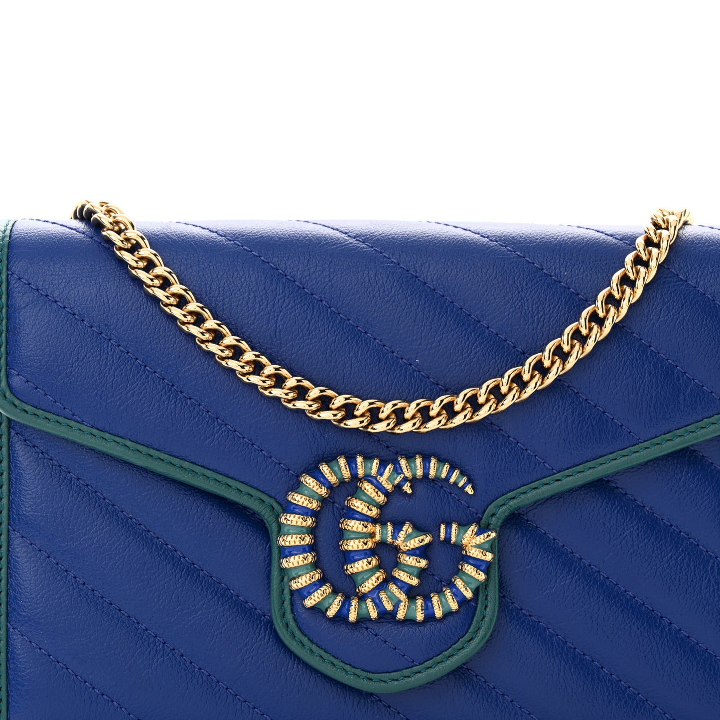 Azalea Calfskin Enamel Matelasse Diagonal Torchon GG Marmont Chain Wallet Imperial Blue Pavone