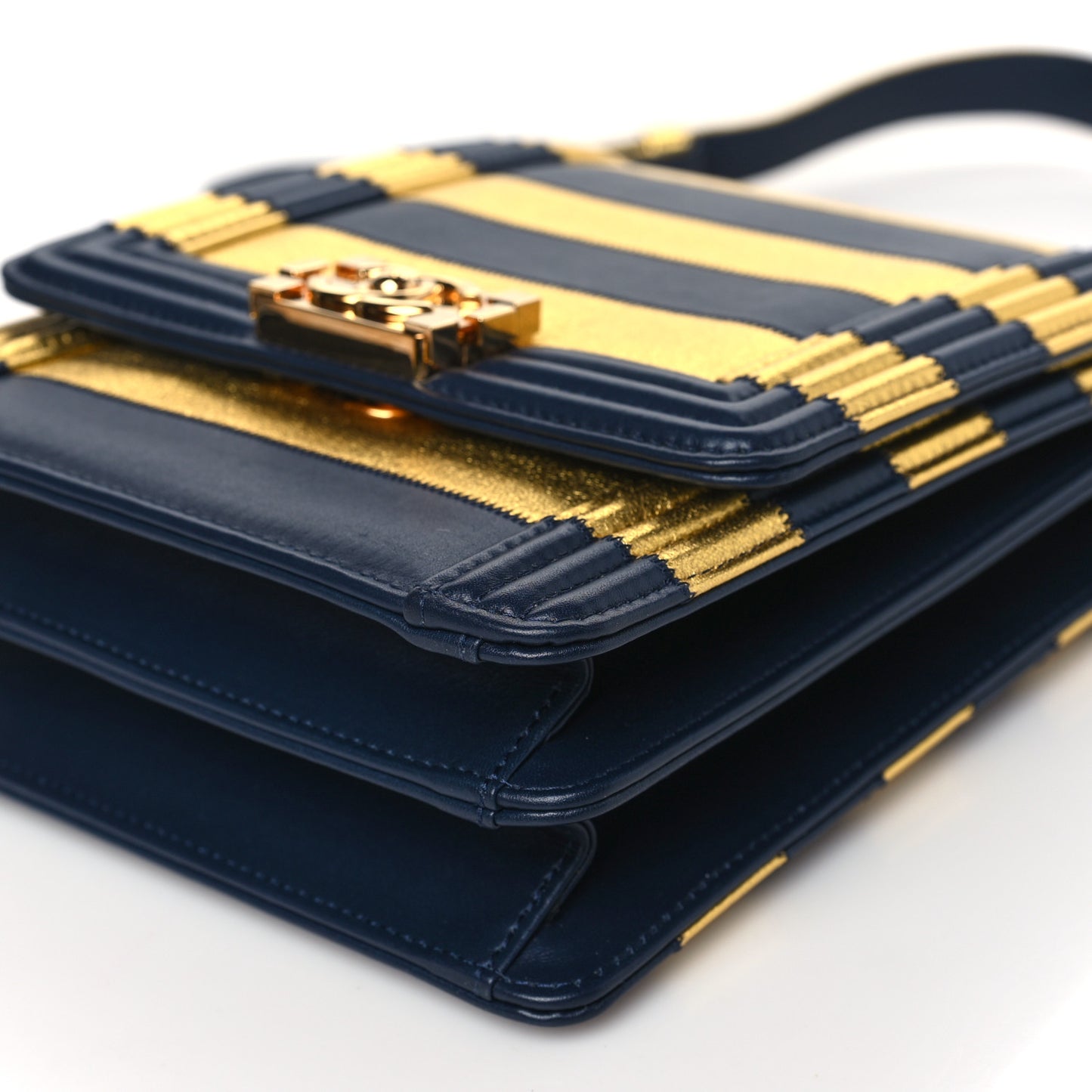 Metallic Lambskin Striped North South Boy Flap Navy Gold