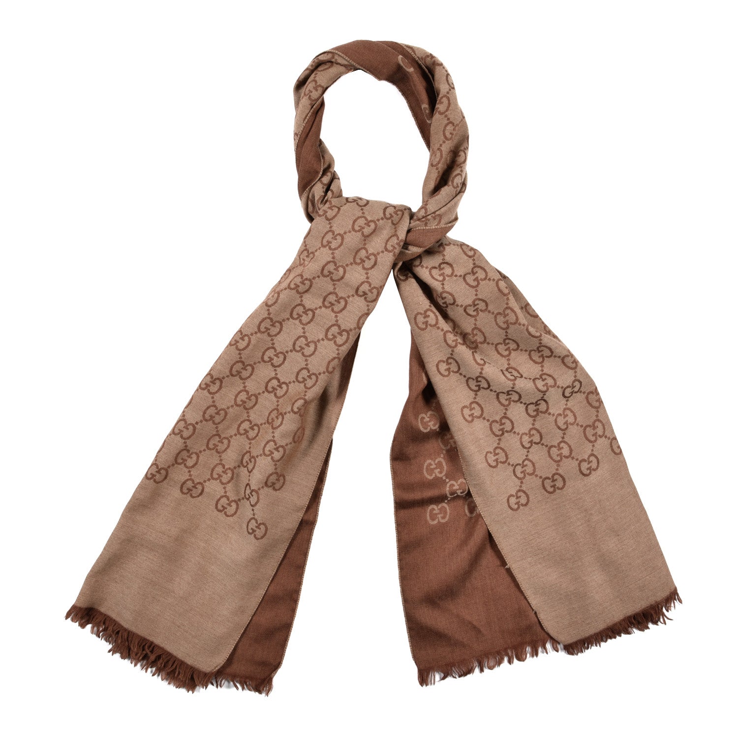 Gucci Wool Silk GG Monogram Fringe Scarf Brown 1 of 4