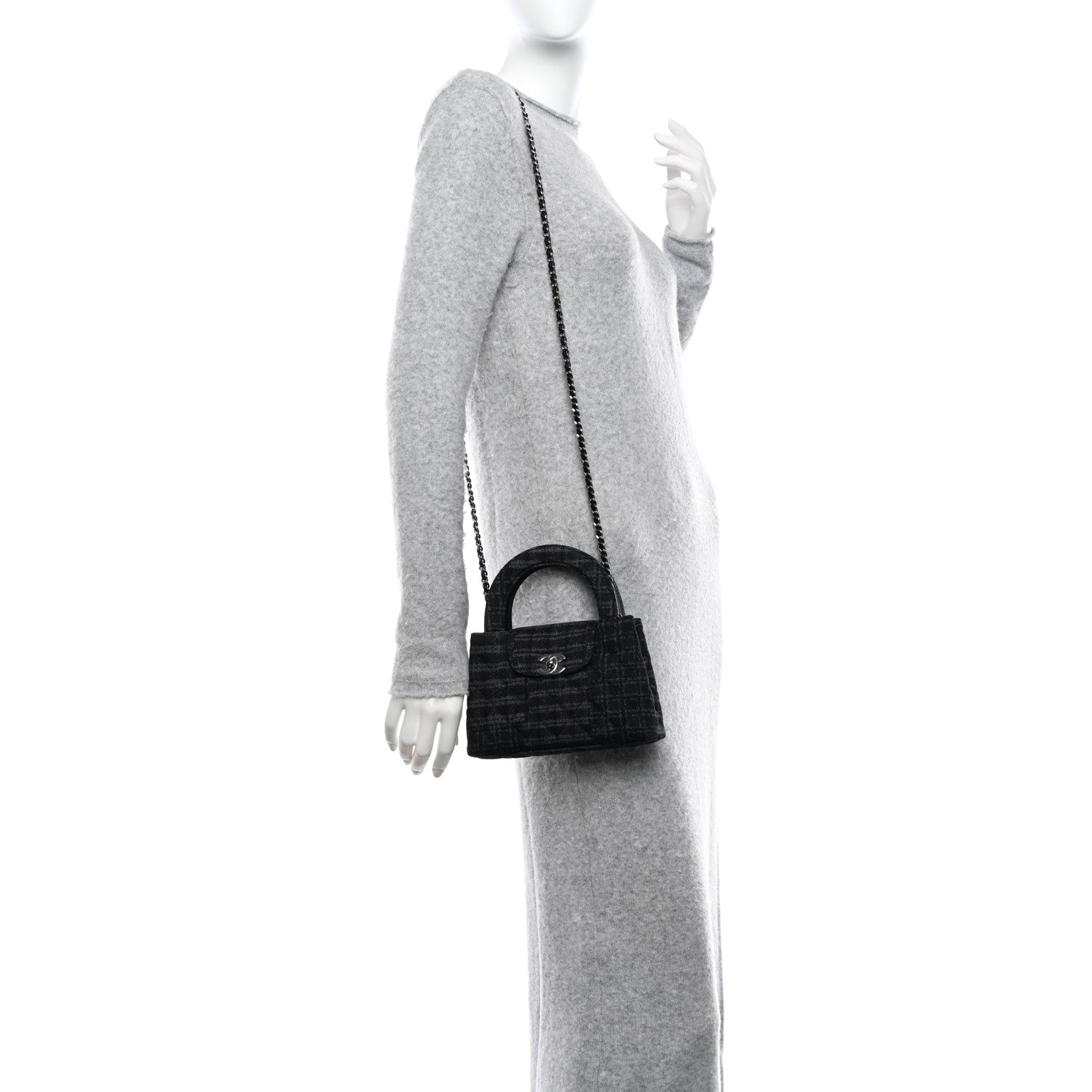 Chanel Printed Denim Quilted Nano Kelly Shopper Black Grey 2 of 11