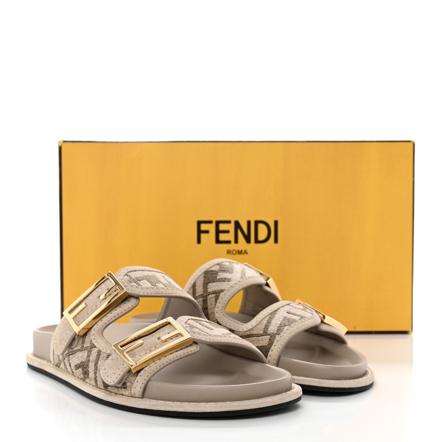 Chenille Fabric Jacquard Suede FF Womens Fendi Feel Buckled Slide Sandals 37.5 Tortora Nuvola Rock