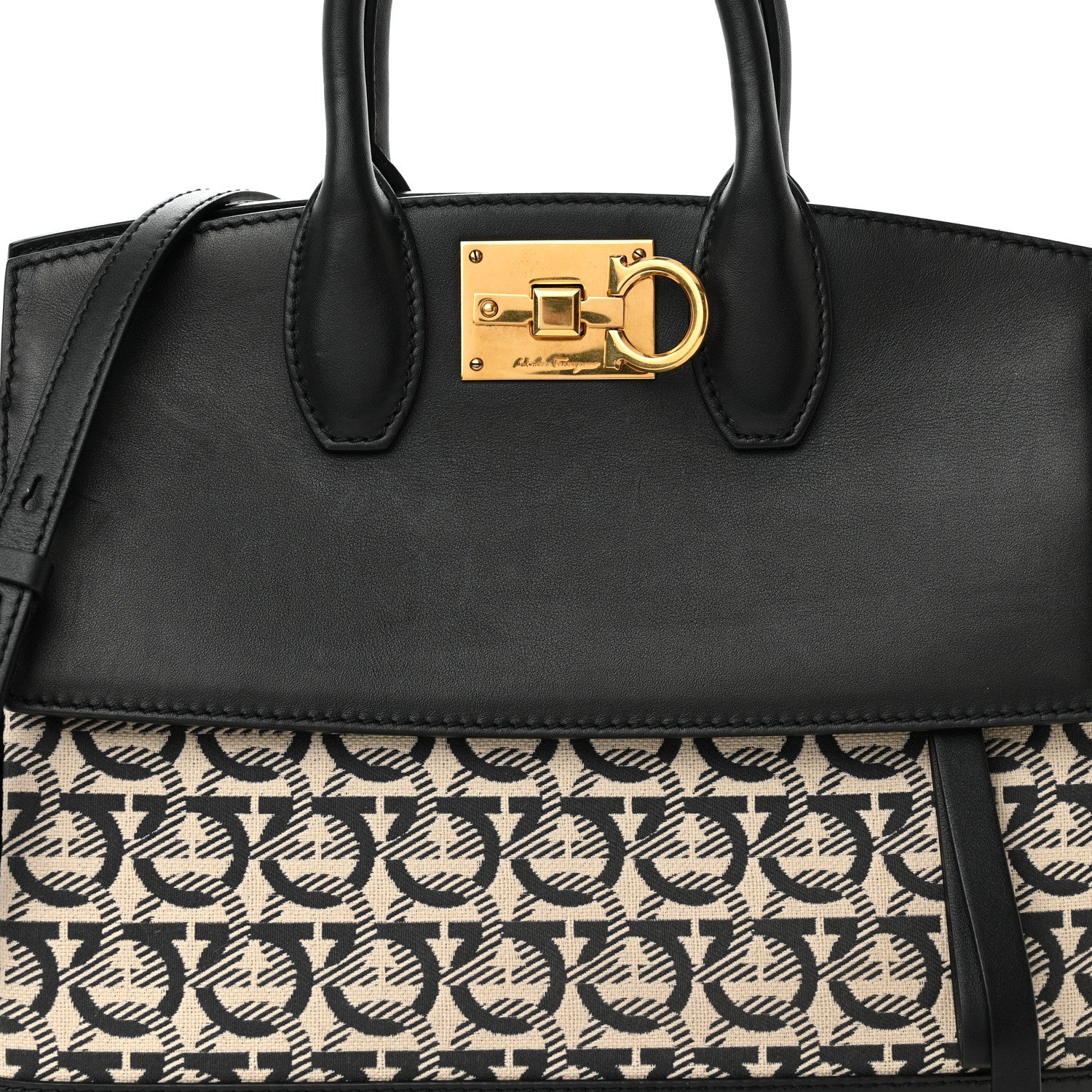 Salvatore Ferragamo Canvas Calfskin Gancini The Studio Bag Black Beige 9 of 18